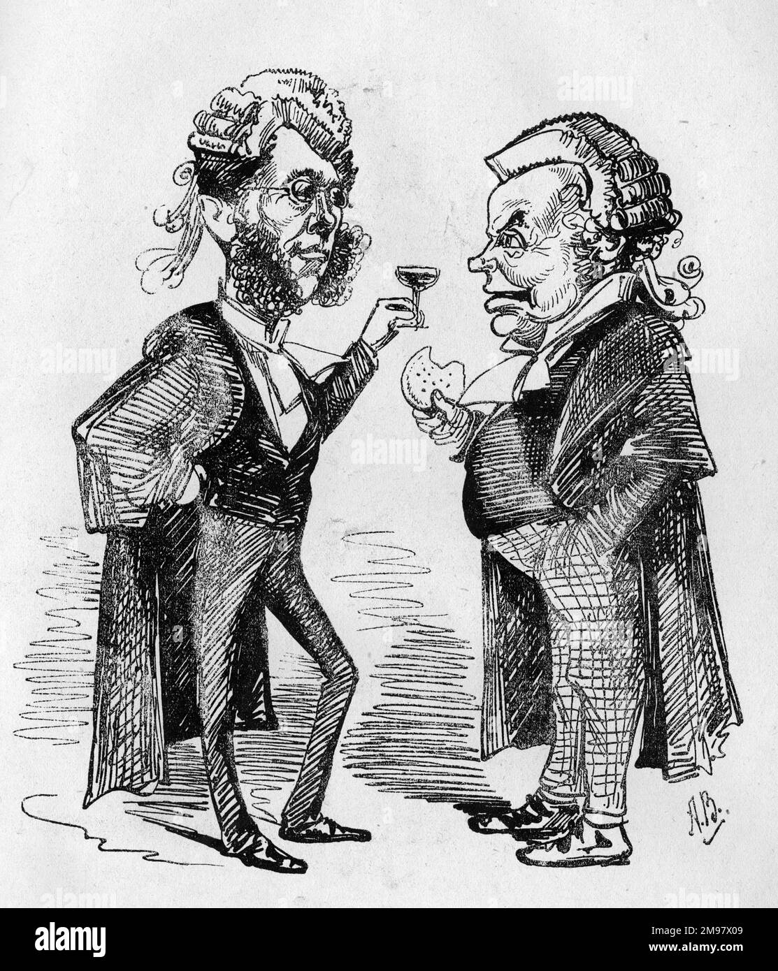 Cartone animato di Sir Hardinge Stanley Giffard, 1st conte di Halsbury (successivamente Lord Chancellor, 1823-1921) e John Charles Frederick Sigismund Day QC (1826-1908). Visto qui per bere un drink e un biscotto. Foto Stock