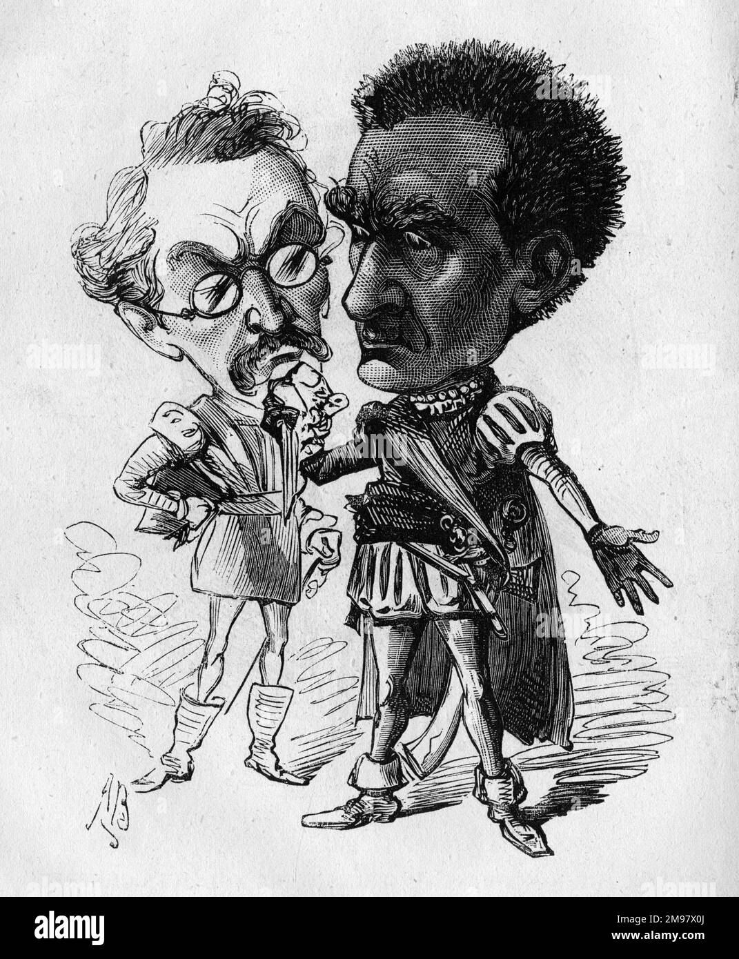 Cartone animato, scena da Othello -- più Shakespeare! Henry Forrester (1827-1882) come Iago (a sinistra) e Edwin Booth (1833-1893) come Othello (a destra). I due attori alternarono i ruoli in diverse serate in una produzione al Princess's Theatre di Londra. Foto Stock