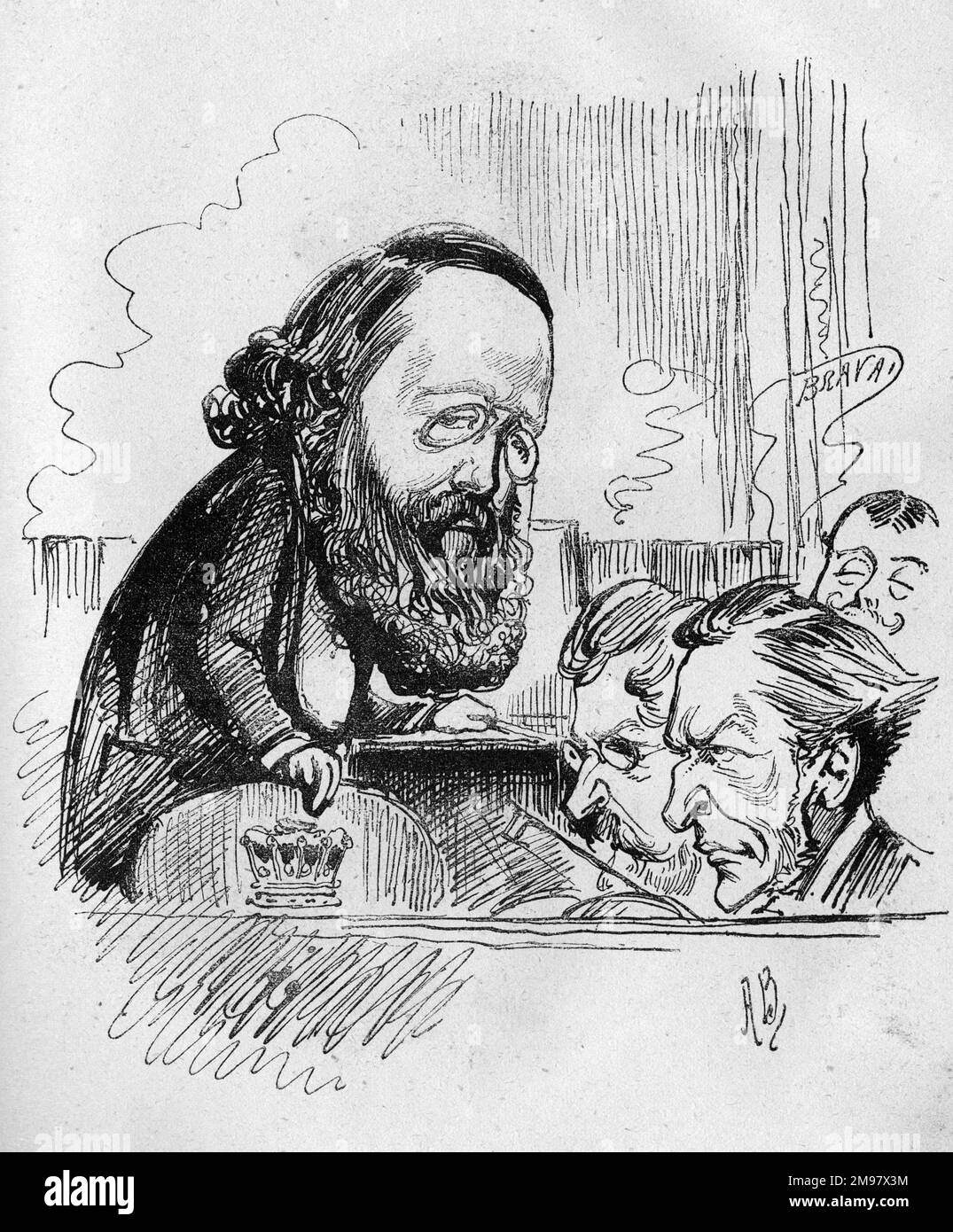 Cartone animato di Lord Salisbury (Robert Arthur Talbot Gascoyne-Cecil, 3rd marchese di Salisbury, 1830-1903), il nuovo leader del partito conservatore e leader dell'opposizione dopo la morte di Disraeli. Qui raffigurato come direttore orchestrale con musicisti in una fossa teatrale. Foto Stock