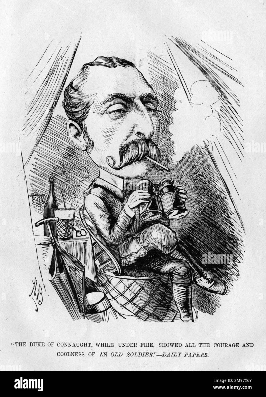 Cartone animato del Principe Arthur, Duca di Connaught e Strathearn (1850-1942), terzo figlio della Regina Vittoria. Visto qui sul servizio militare nell'esercito britannico durante la guerra anglo-egiziana di 1882. Con una citazione del giornale: Il Duca di Connaught, mentre era sotto fuoco, mostrò tutto il coraggio e la freddezza di un vecchio soldato. Foto Stock