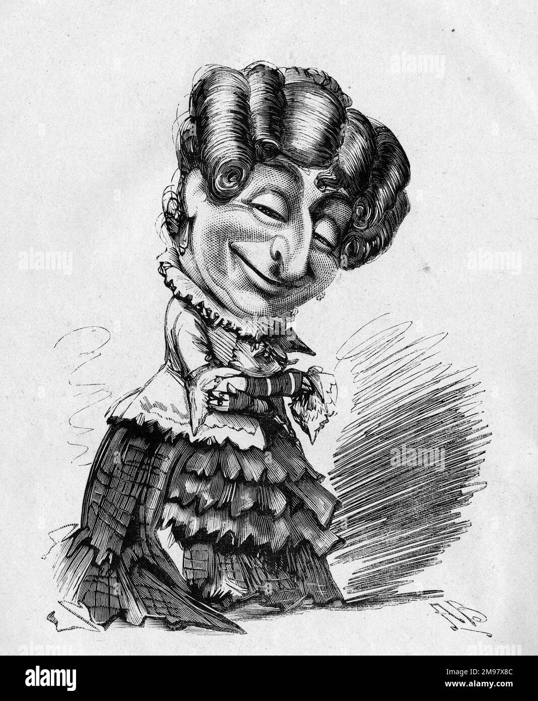 Caricatura di John F Sheridan (1848-1908), sosia femminile (spesso come pantomime dame), attore comico, cantante e drammaturgo. Foto Stock