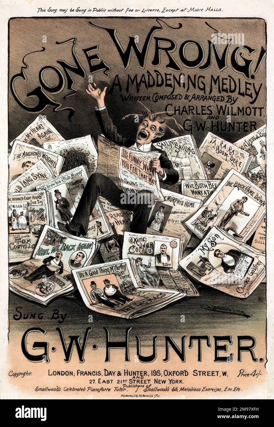 Copertina musicale, sbagliato! Un Medley addicente. Scritto, composto e arrangiato da Charles Wilmott e G W Hunter. In copertina sono presenti tutte le canzoni incluse nel medley. Foto Stock