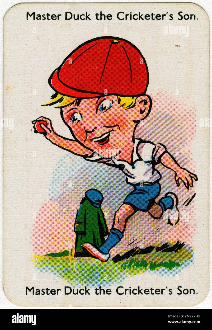 Buone carte da gioco per famiglie - il figlio di Master Duck the Cricketer. Foto Stock