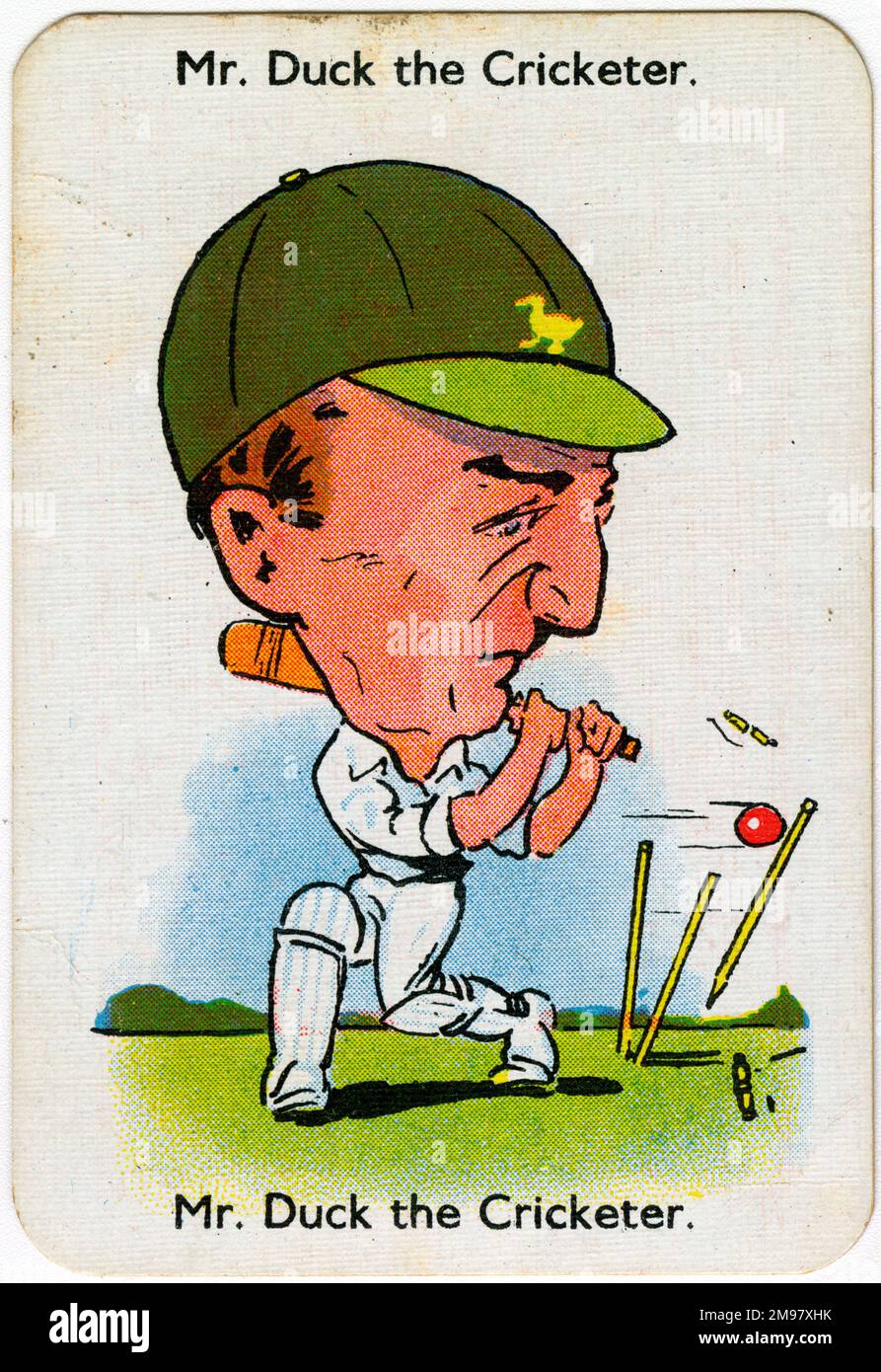 Buone carte da gioco - MR Duck the Cricketer. Foto Stock