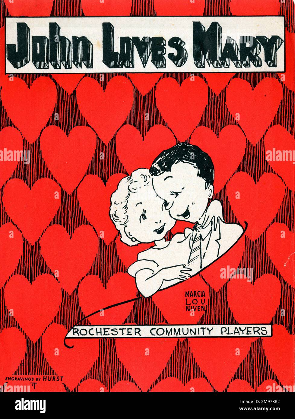Poster del teatro, John Loves Mary, Rochester Community Players. La commedia, di Norman Krasna, aprì a Broadway, New York, nel febbraio 1948. La versione del film è apparsa l'anno seguente. I Rochester Community Players, nella contea di Monroe, nello stato di New York, hanno suonato due volte, nel gennaio 1949 e nel febbraio 1953. Foto Stock