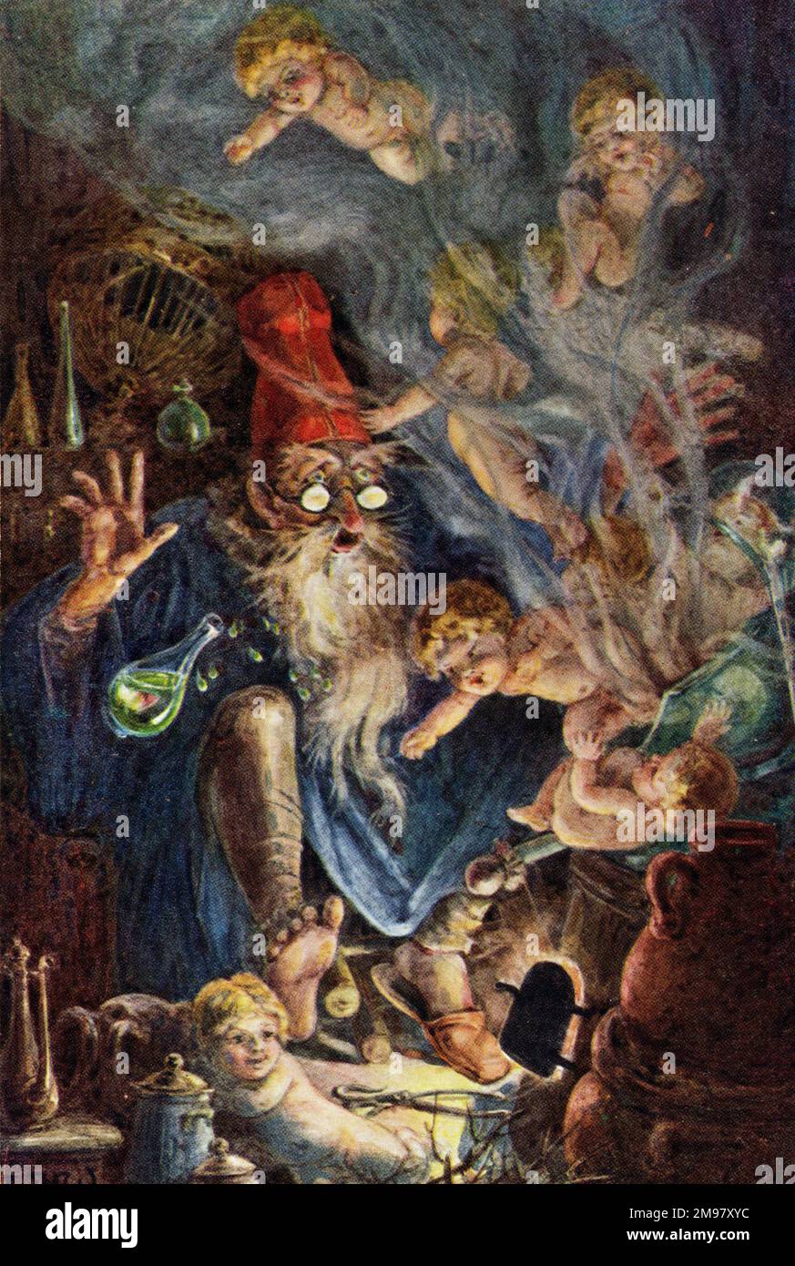 Illustrazione, più di quanto si aspettasse -- un anziano che cerca l'elisir della vita è scioccato per vedere un'effusione improvvisa dei bambini. Foto Stock