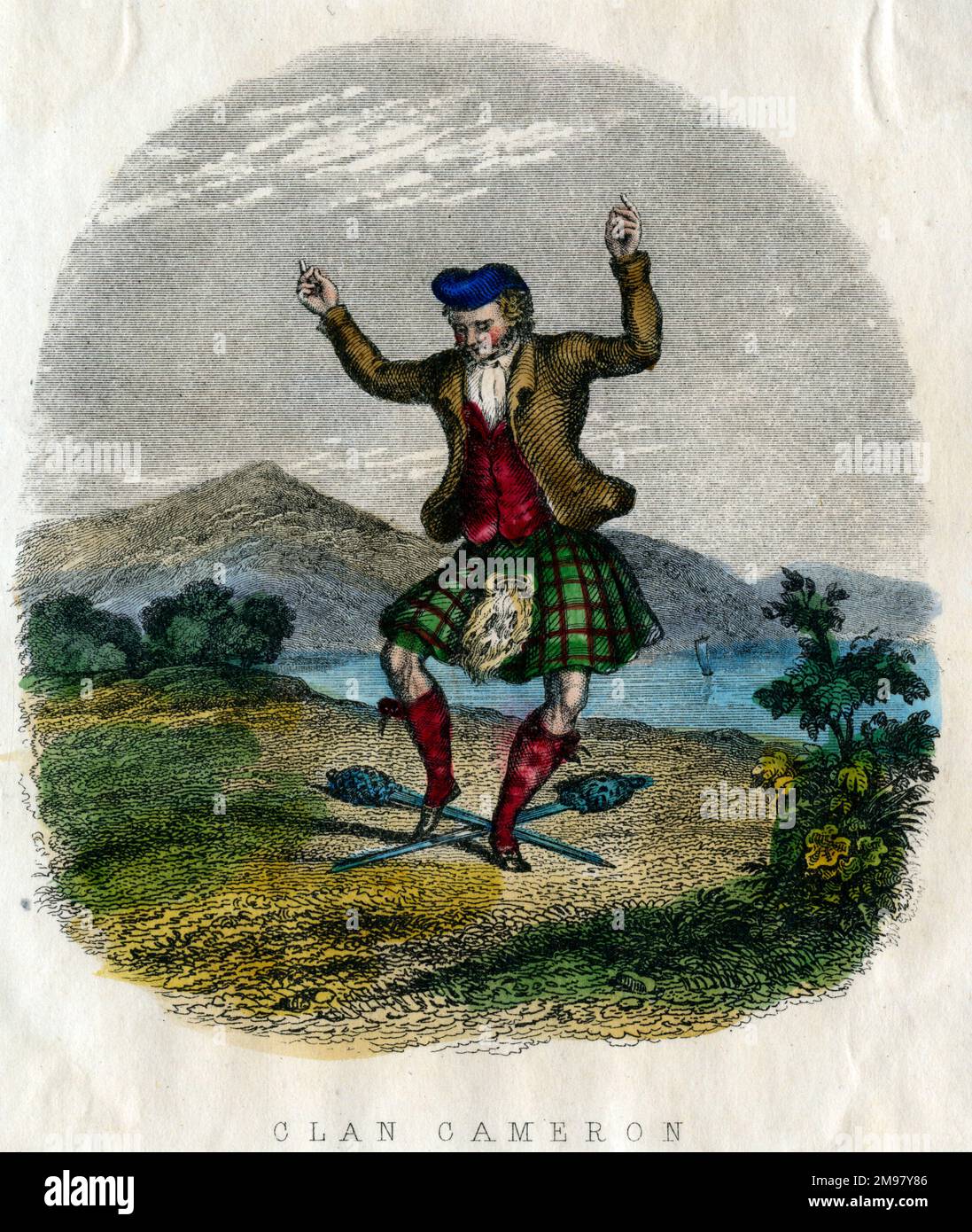 Tipi scozzesi - danza di spada delle Highland, Clan Cameron. Foto Stock