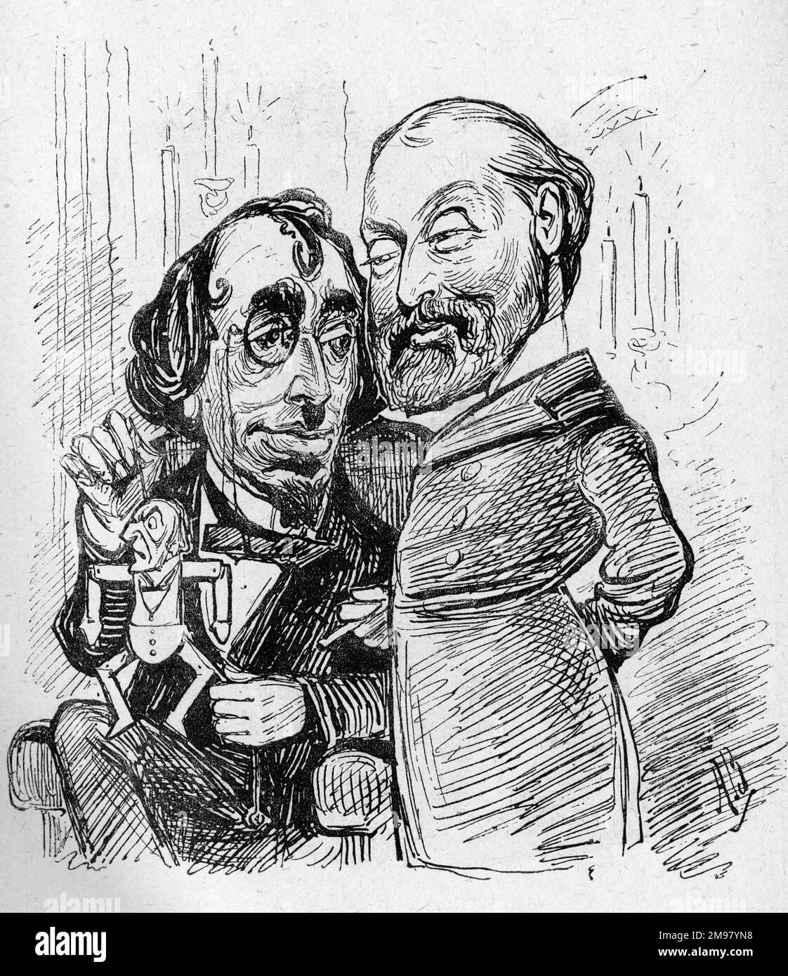 Cartoon, Disraeli e il Principe di Galles, con un burattino di Gladstone. Questo è il modo in cui Beaky ha cercato di divertire il nostro futuro re a Hughenden. Foto Stock