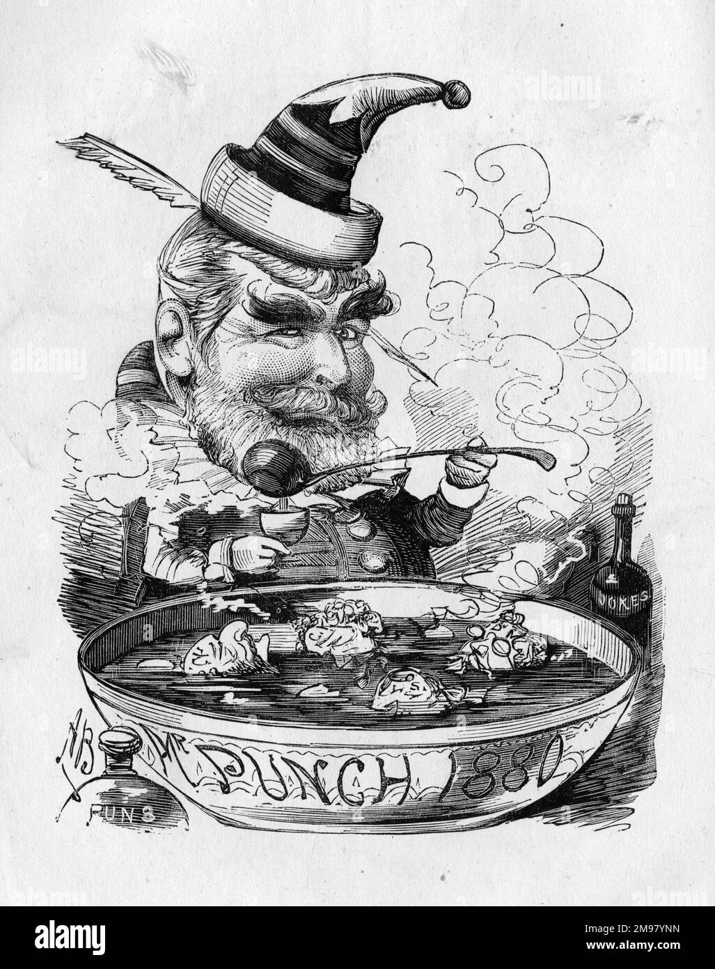 Caricatura di Francis Cowley Burnand (1836-1917), nuovo editore Punch. Era anche un comico scrittore e drammaturgo. Visto qui come MR Punch stesso, godendo di una bella ciotola di punch. Foto Stock