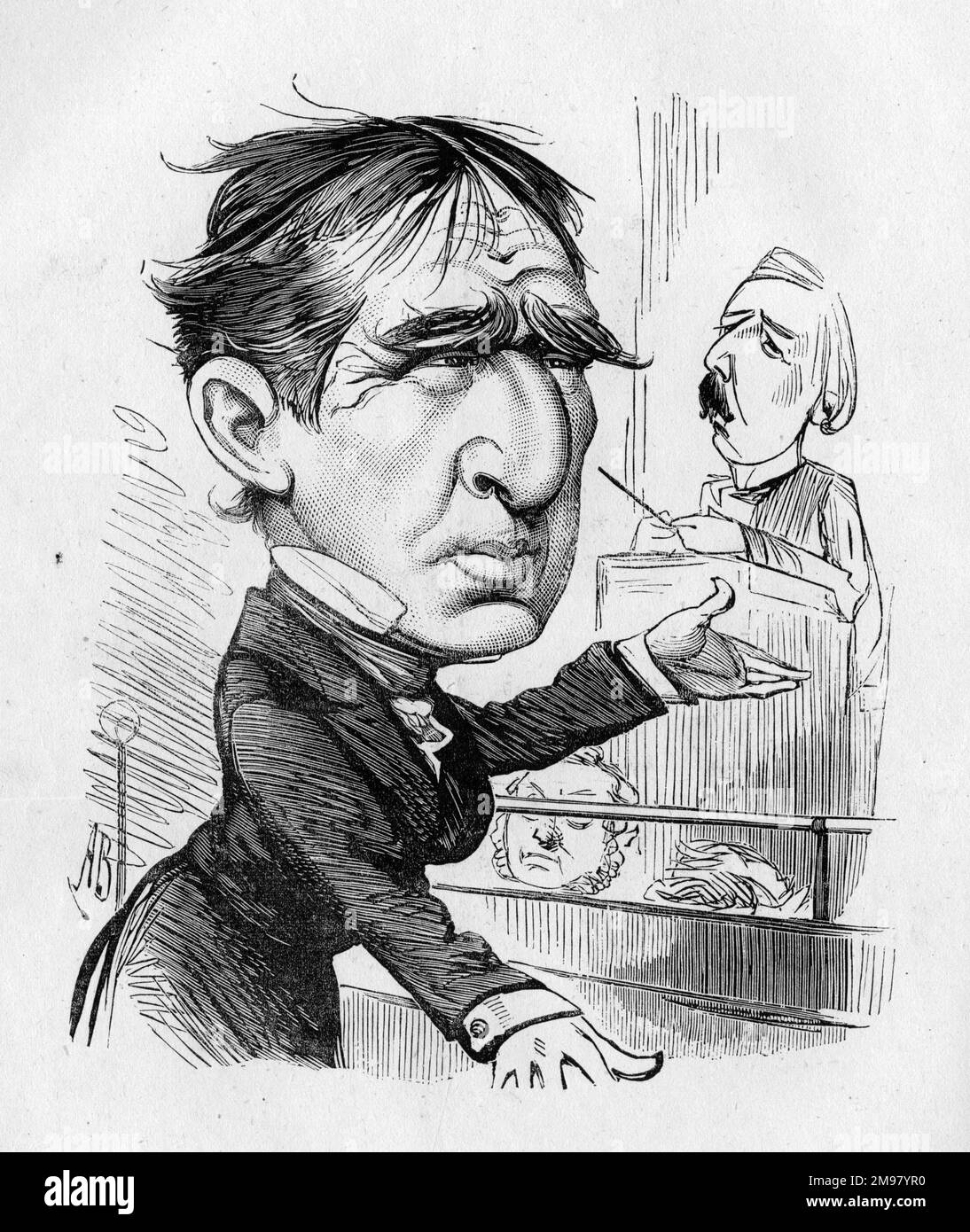 Cartone animato, Colonnello Sellers. Un commento negativo su un gioco basato su un romanzo di Mark Twain e Charles Dudley Warner, The Gilded Age, satirizing corruzione e avidità in post-Guerra civile America. In questa immaginaria scena del tribunale, l'uomo in banchina assomiglia all'attore americano John T Raymond (1836-1887), che ha suonato nel ruolo di titolo. Il 'giudice' sullo sfondo è John Hollingshead (1827-1904), attualmente direttore del Teatro Gaiety. Come giudice, non sembra pensare molto al gioco. Foto Stock