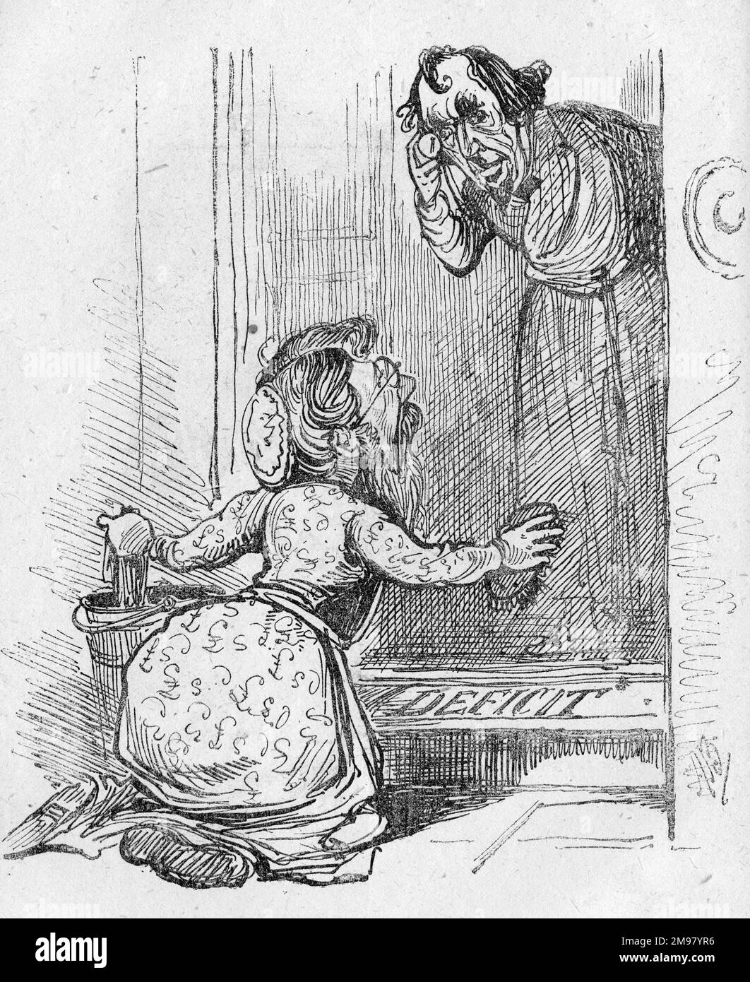Cartoon, Benjamin Disraeli, primo Ministro Tory, e Sir Stafford Northcote, Cancelliere dello scacchiere, preoccupanti per il deficit. Disraeli appare come il padrone di casa, e Northcote come una donna di lavaggio cercando di pulire la porta di casa. Disraeli pensa che l'unica soluzione sarà la Dis-soluzione, vale a dire per chiamare una elezione generale, che è esattamente ciò che è accaduto. Foto Stock
