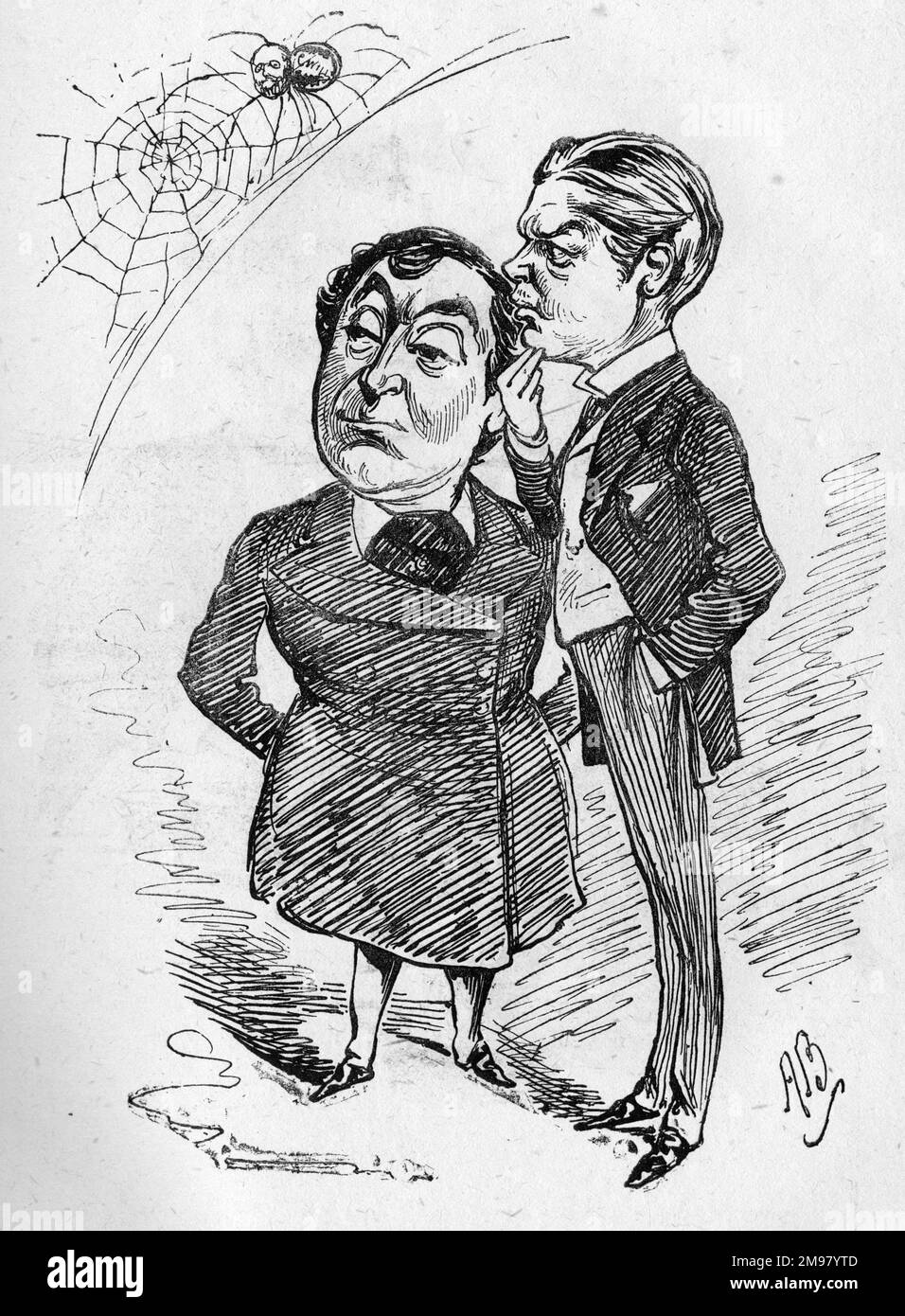 Cartoon, Thomas Thorne (a destra, 1841-1918), attore e direttore teatrale inglese, e David James (a sinistra, 1839-1893), attore comico inglese. Erano direttori fondatori del Teatro Vaudeville, Strand, Londra. Il ragno nell'angolo superiore è forse un riferimento all'architetto del teatro, C J Phipps. Foto Stock