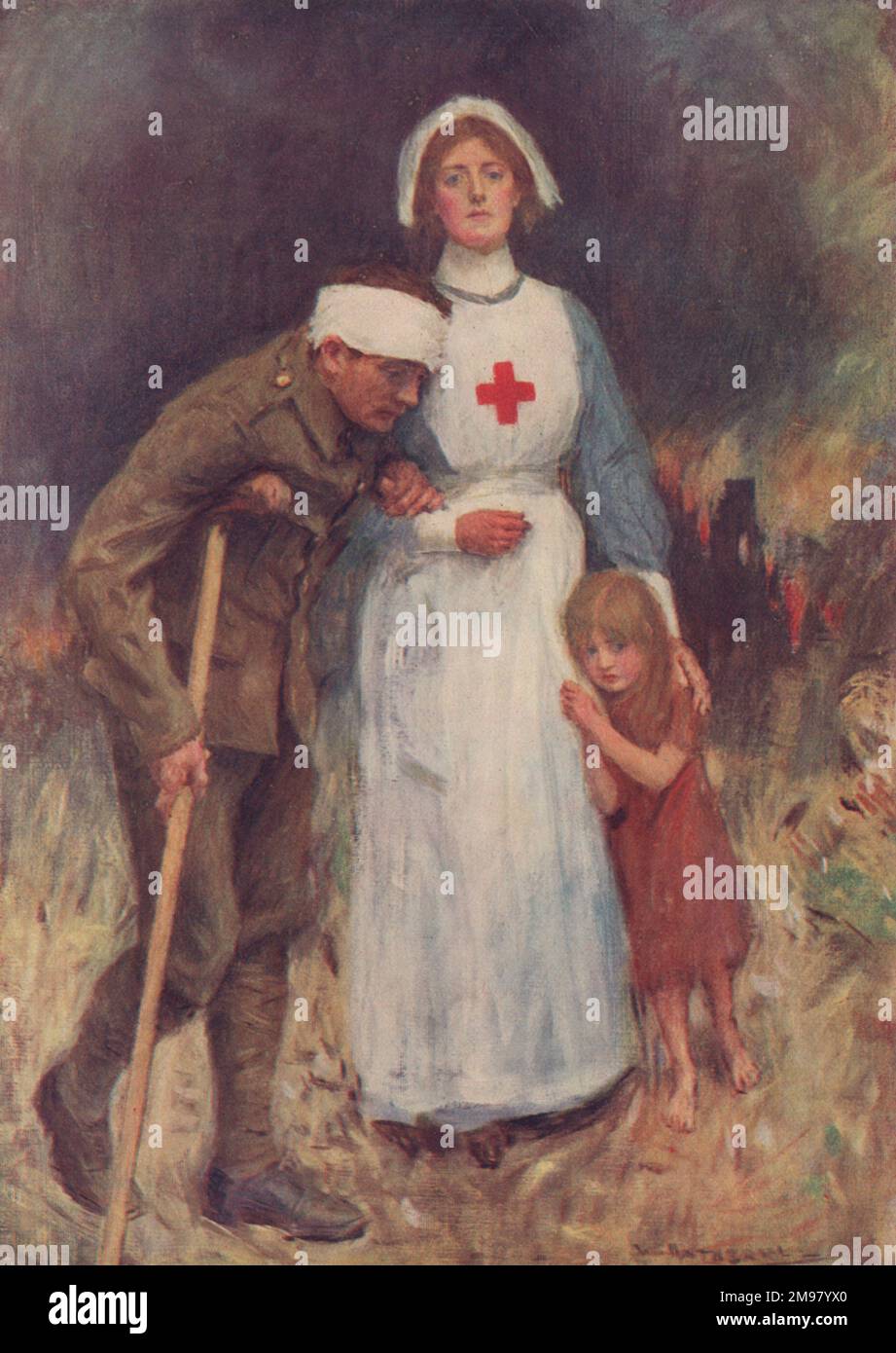 WW1 infermiera, soldato ferito e bambino orfano. Foto Stock