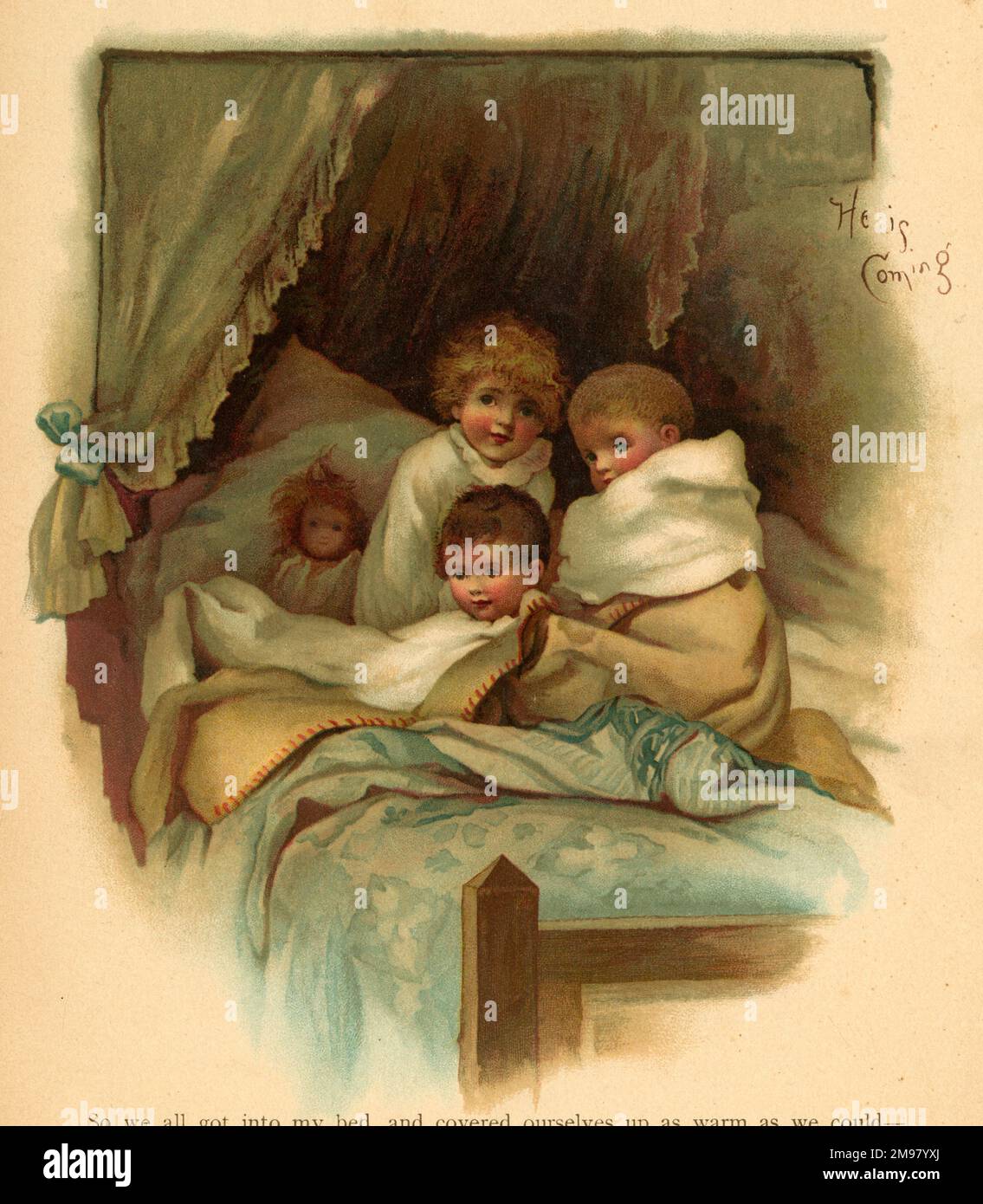 Illustrazione, in attesa di Babbo Natale -- tre bambini e una bambola in un letto. Foto Stock
