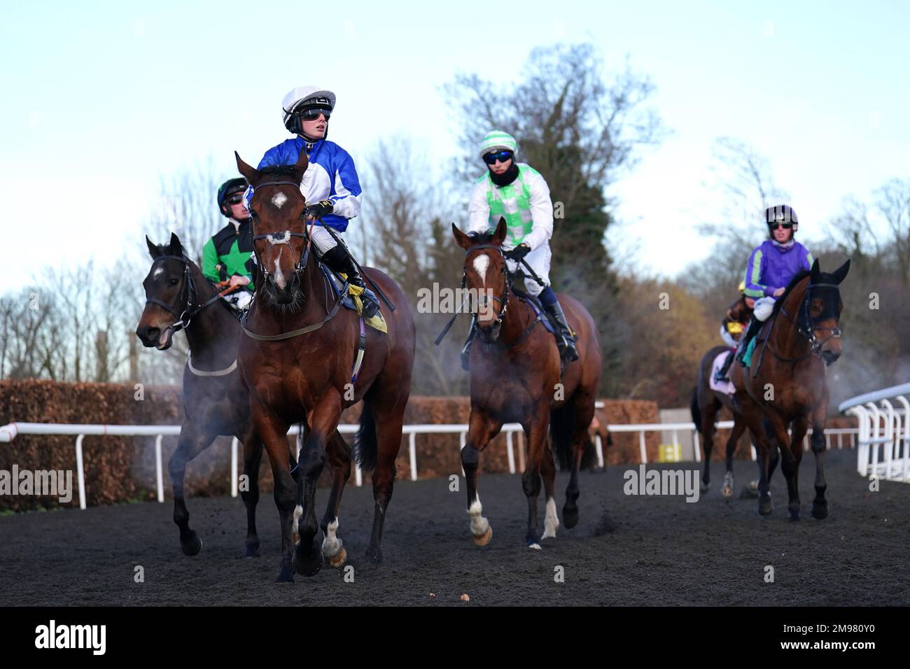 Game Nation guidato da jockey Saffie Osborne (seconda a sinistra) e altri dopo aver provato i nostri nuovi Prezzi al handicap Unibet al Kempton Park Racecourse, Surrey. Data immagine: Martedì 17 gennaio 2023. Foto Stock