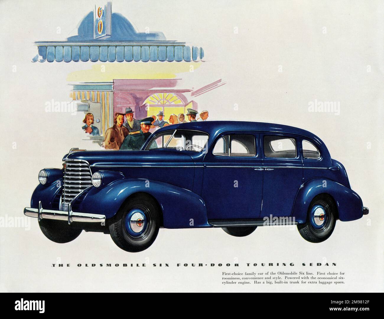 Illustrazione della brochure Oldsmobile Six, che mostra una berlina blu brillante a quattro porte, descritta come la prima scelta per la famiglia, con molto spazio e spazio extra per i bagagli. Foto Stock