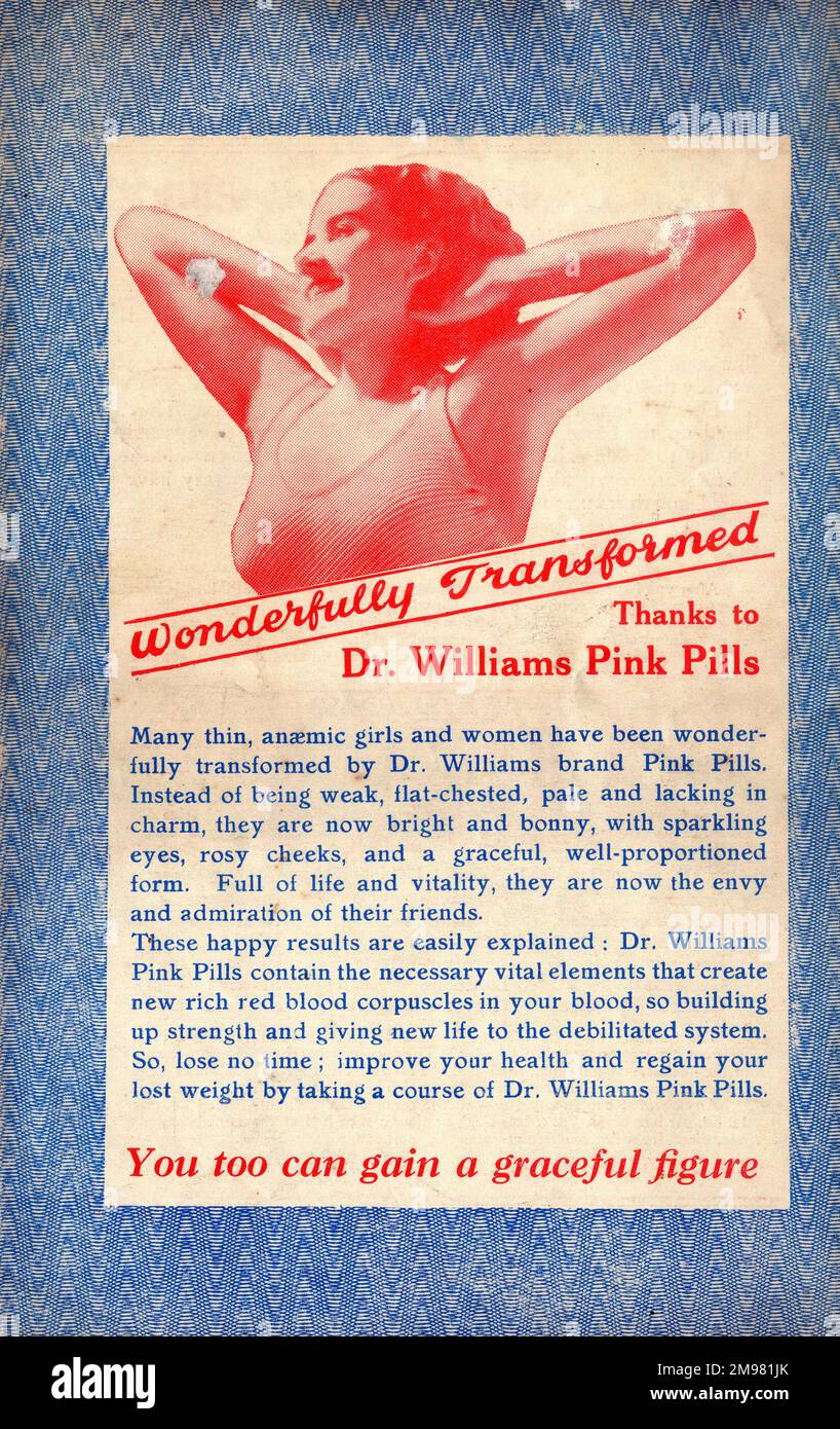 Pubblicità, Dr Williams pillole rosa per le persone pallido. Meravigliosamente trasformato. Anche voi potete guadagnare una cifra aggraziata. Le pillole di medicina brevettata contenevano ossido di ferro e solfato di magnesio. Foto Stock