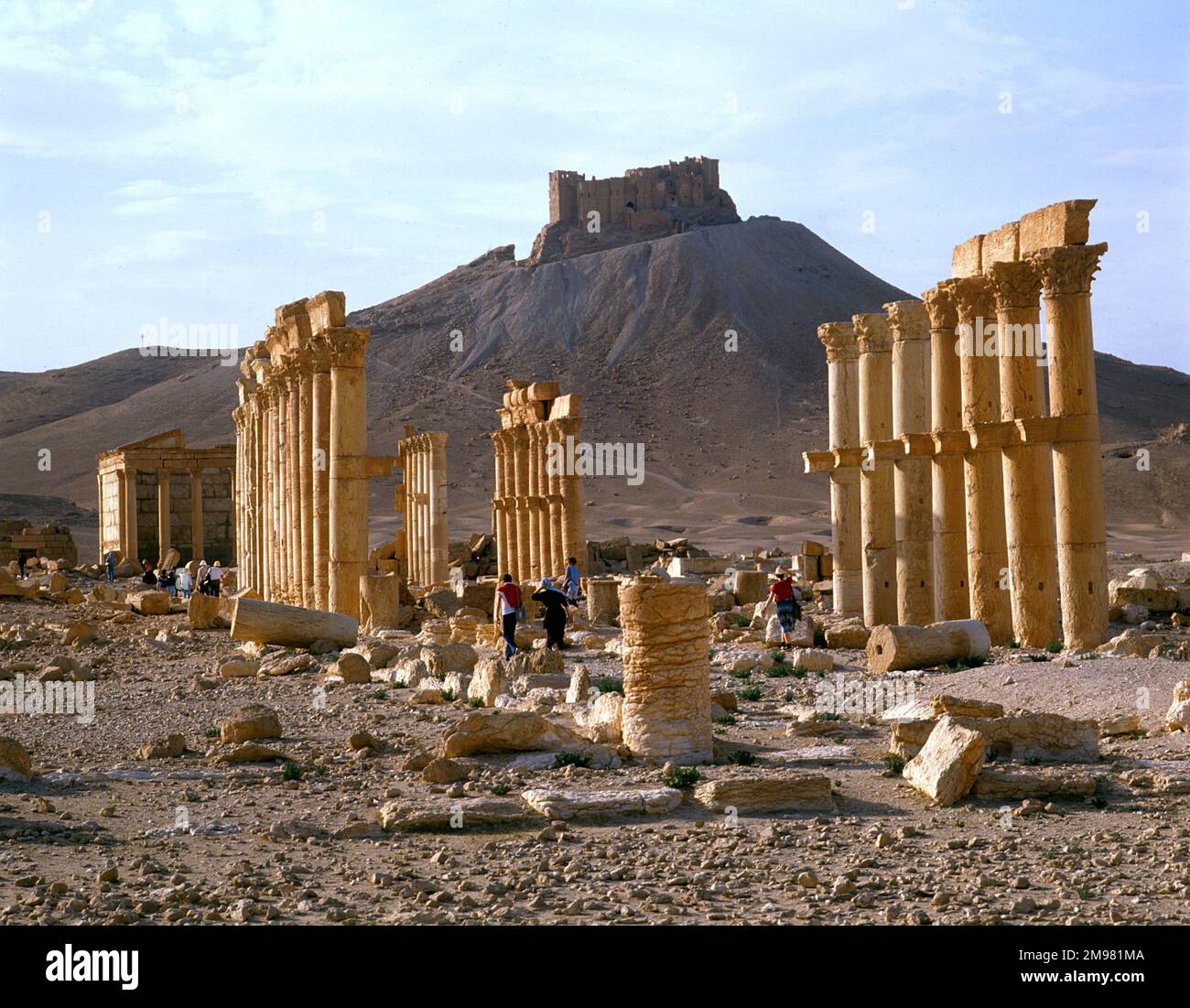 Palmyra, Siria - la Colonnade con vista sul Castello di Fakhr-al-DIN al-Maani. Foto Stock