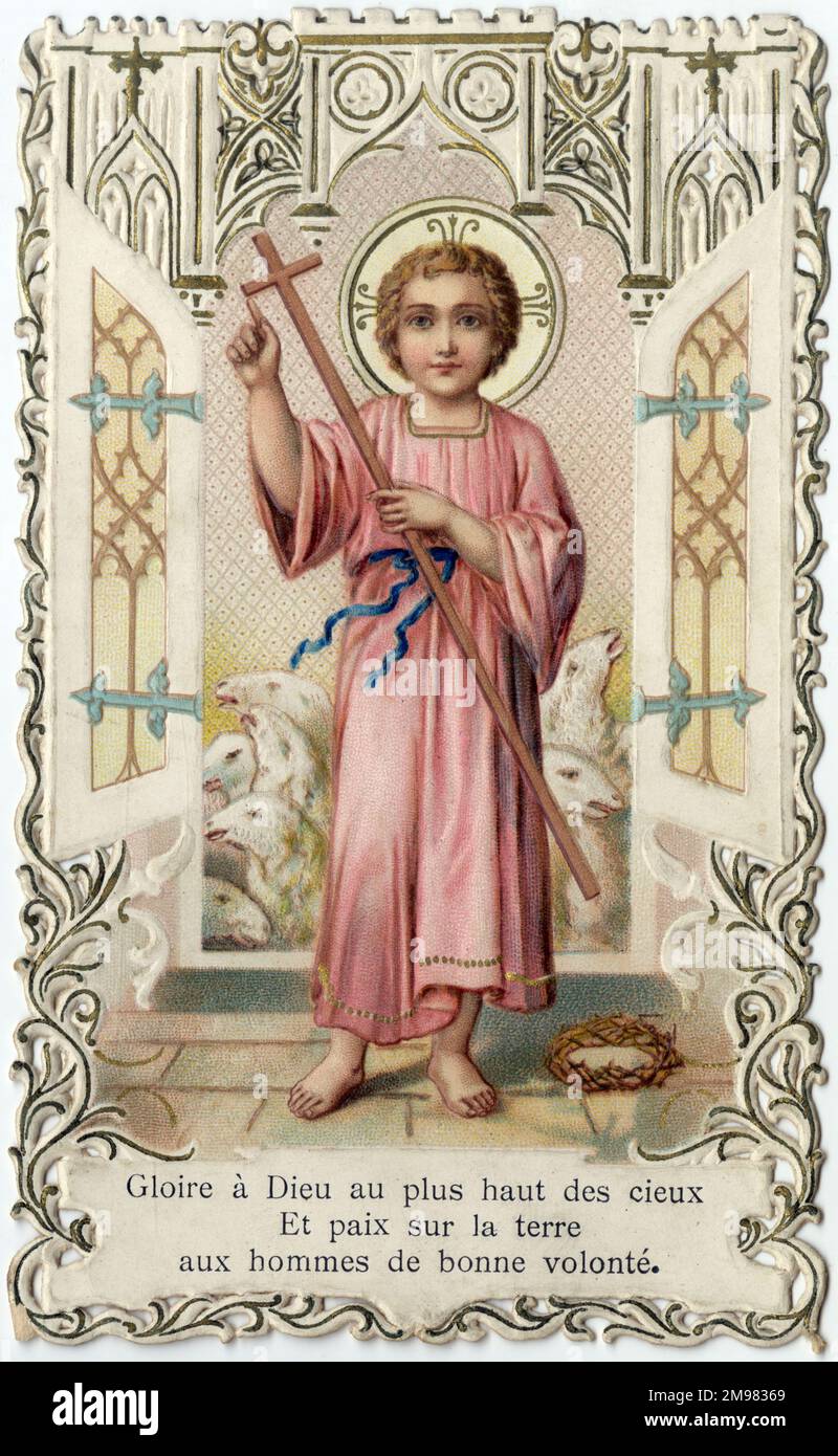 Carta devozionale Chromolithograph - Gesù giovane come pastore. Foto Stock