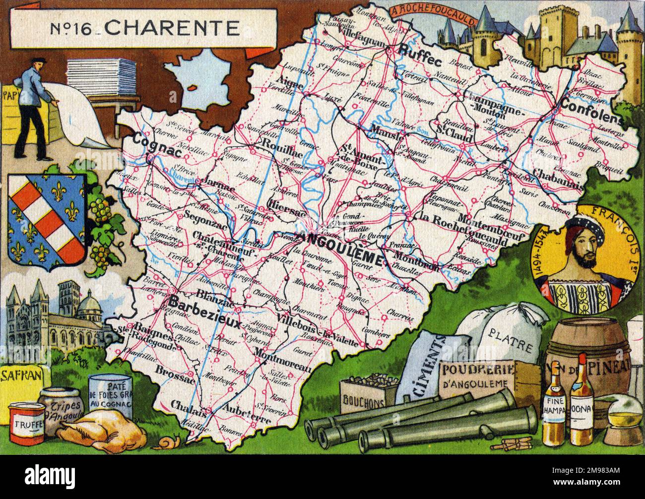 Mappa del Dipartimento francese della Charente - No.16, con illustrazioni inset dell'industria della produzione della carta, la Rochefoucauld, produrre e manufatti da Angouleme e un ritratto inset di re Francesco i di Francia (1494-1547) dal ramo Angouleme della Casa di Valois. Foto Stock