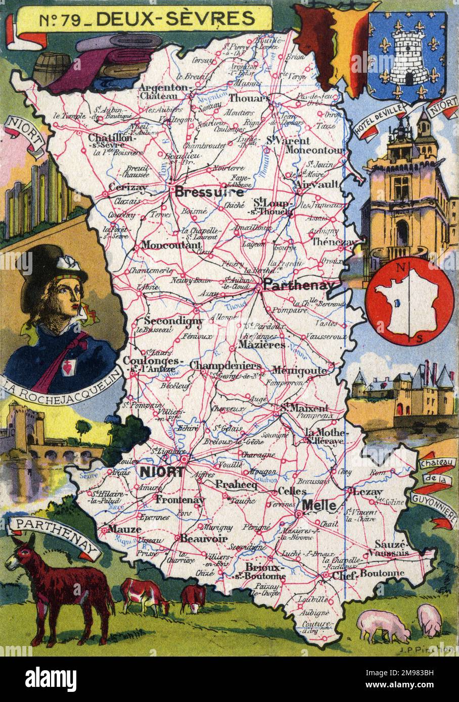 Mappa del Dipartimento francese di Deux-Sevres - No.79, con illustrazioni inset del Castello di Niort e del Municipio, lo Chateau de la Guyonnierre e un ritratto di Henri du Vergier, comte de la Rochejaquelein, il più giovane generale dell'insurrezione venea reale durante la Rivoluzione francese. Foto Stock