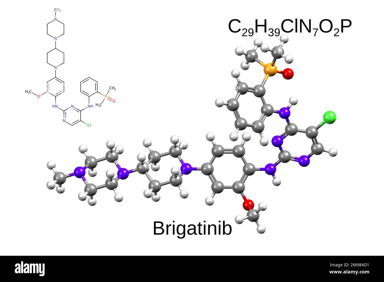 Formula chimica, formula scheletrica e modello 3D a sfera e bastone di un farmaco chemioterapico brigatinib, sfondo bianco Foto Stock