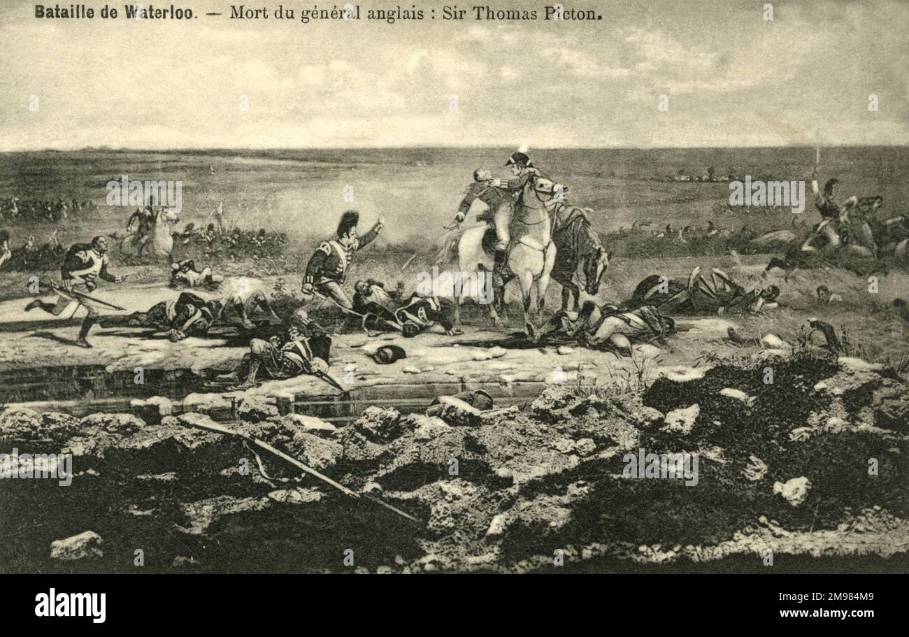 La morte del tenente generale dell'esercito britannico Sir Thomas Picton, il 18 giugno 1815 nella battaglia di Waterloo. Picton combatté sotto Wellington nella guerra della Penisola Iberica, ma fu ucciso nei combattimenti a Waterloo durante una carica a baionetta, quando fu colpito attraverso il tempio con un moschetto. Foto Stock