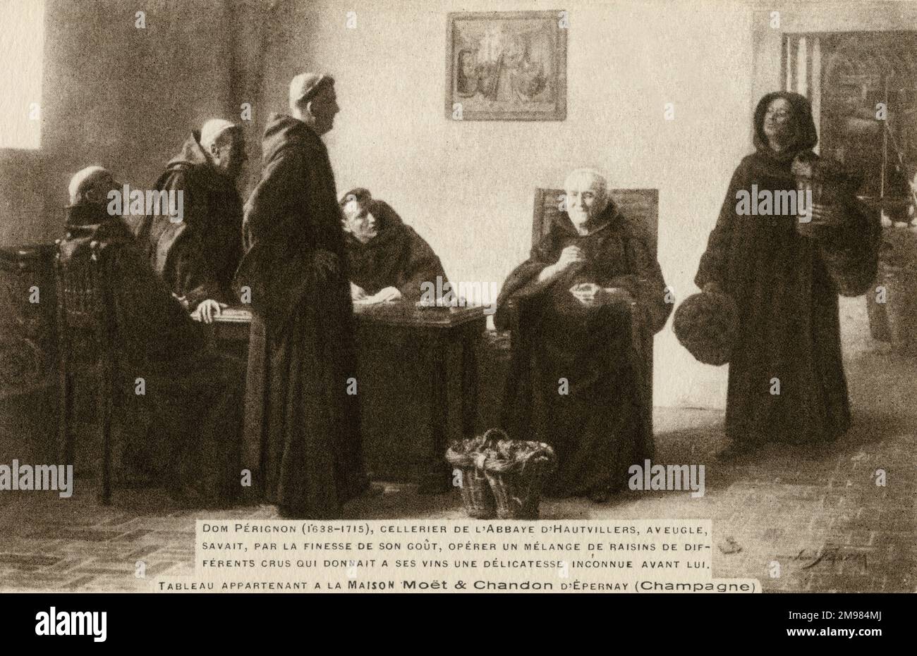 Dom Perignon (1638-1715), monaco benedettino francese spesso (erroneamente) accreditato con l'invenzione dello champagne frizzante. Ha sperimentato molti metodi di produzione del vino nella sua regione natale di Champagne, mentre servendo come cellarer presso l'Abbazia di Hautvillers. Visto qui seduto (a destra), vecchio e cieco, dimostrando la sua capacità di selezionare uve diverse per dare i migliori risultati. Foto Stock