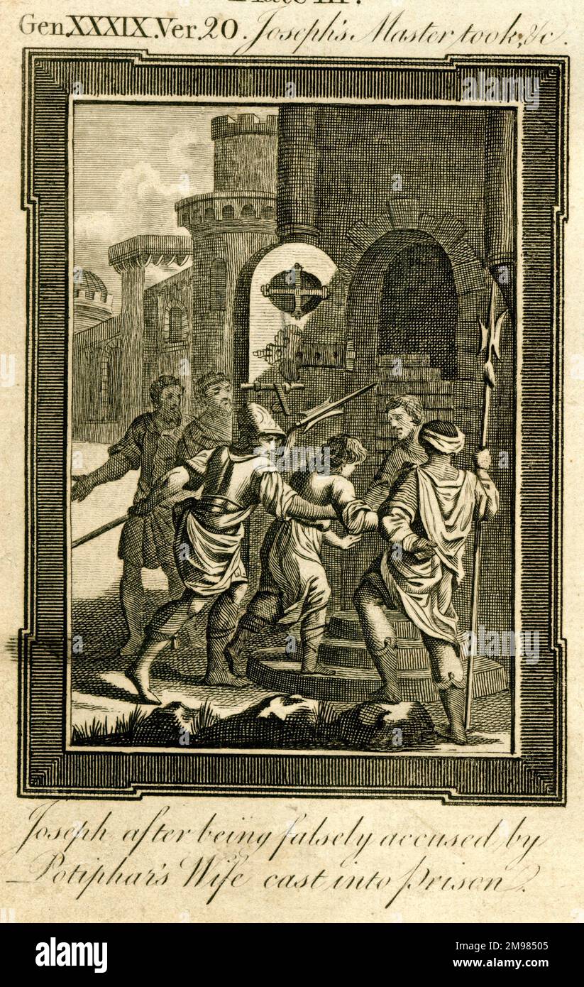 Joseph dopo essere stato falsamente accusato dalla moglie di Potifar gettata in prigione - Thomas Bankes Bible, Genesi 39,20. Foto Stock