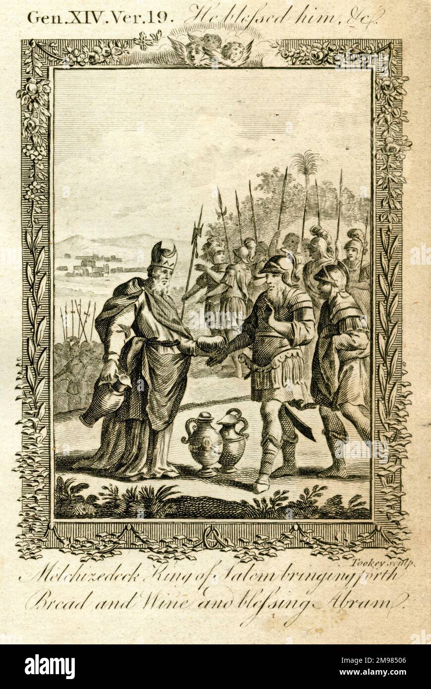 Melchizedek, re di Salem, che porta pane e vino e benedice Abram (Abramo) - la Bibbia di Thomas Bankes, Genesi 14,19. Foto Stock