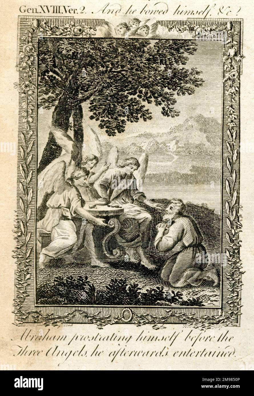 Abrahamo prostrandosi davanti ai tre angeli che poi intratteneva - la Bibbia di Thomas Bankes, Genesi 18,2. Foto Stock