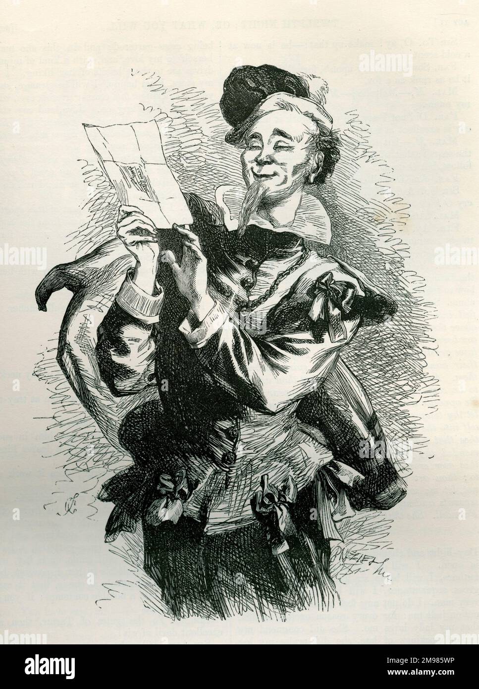 Dodicesima notte - Malvolio leggendo la lettera del trucco - 'alcuni sono sopportati grandi, alcuni raggiungono la grandezza ed alcuni hanno la grandezza spinta su loro.' Foto Stock