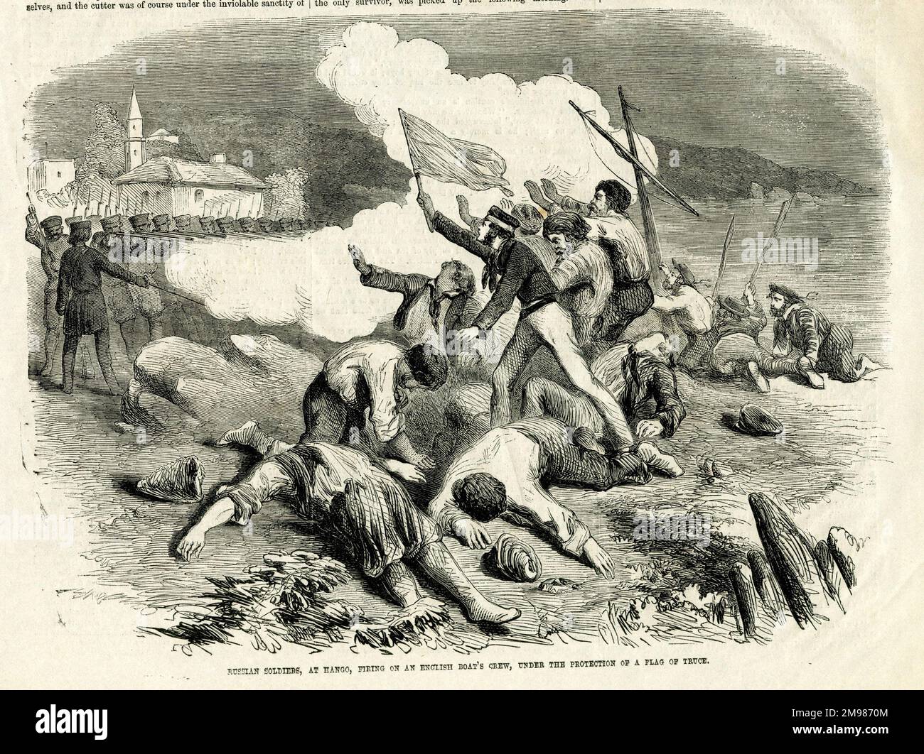 Guerra di Crimea -- soldati russi ad Hango, sparando sui membri dell'equipaggio di una barca inglese, nonostante il fatto che stanno tenendo una bandiera di tregua. Foto Stock