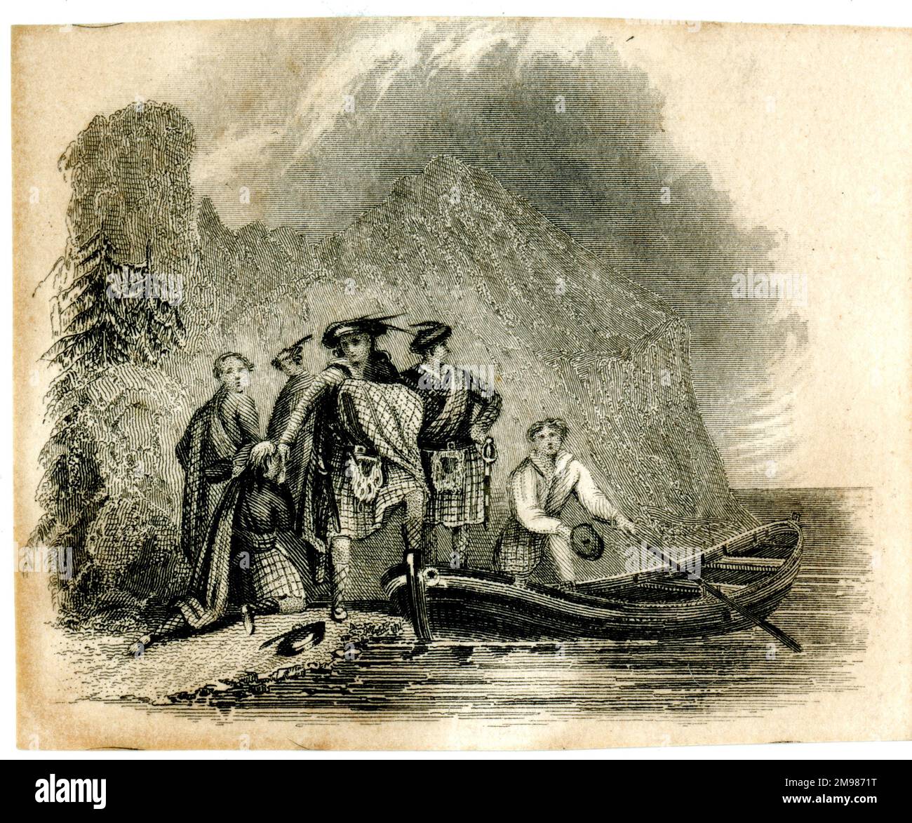 Bonnie Prince Charlie (Charles Edward Stuart, il giovane pretendente) è aiutato a fuggire dalla Scozia in barca. Foto Stock