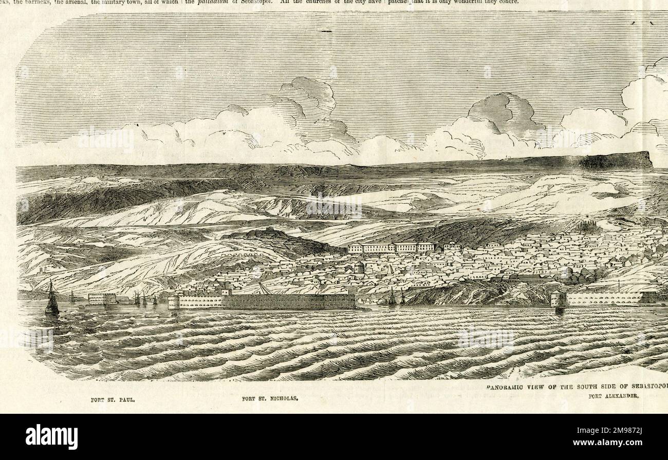Guerra di Crimea -- vista panoramica sul lato sud di Sebastopol, tra cui Fort Alexander e un forte di quarantena. Foto Stock