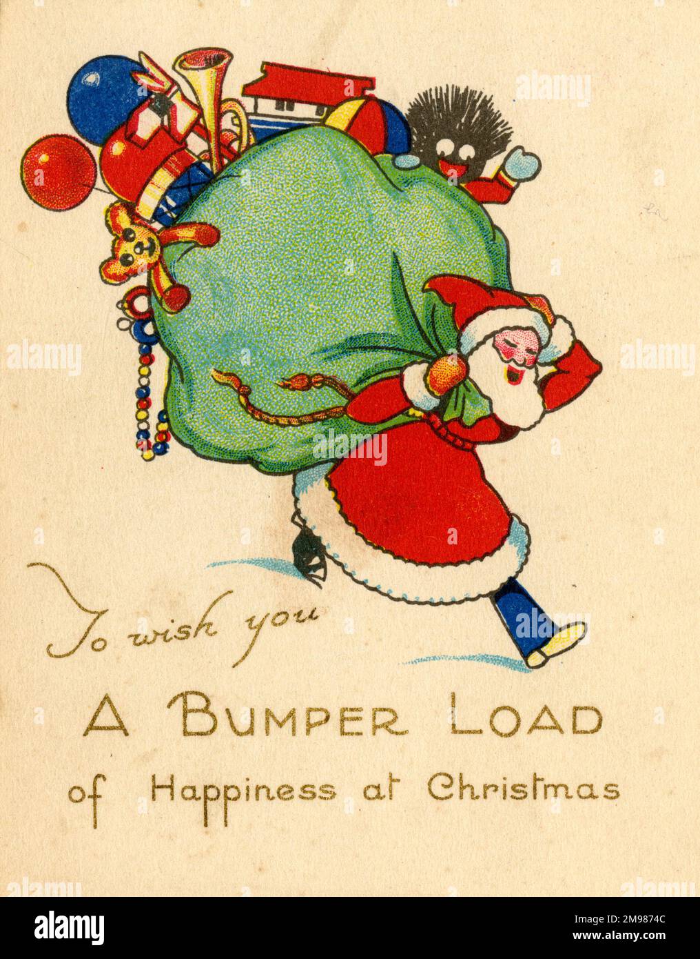 Biglietto di Natale - per augurarvi un carico di Bumper di felicità a Natale - Babbo Natale che trasporta un sacco di giocattoli. Foto Stock