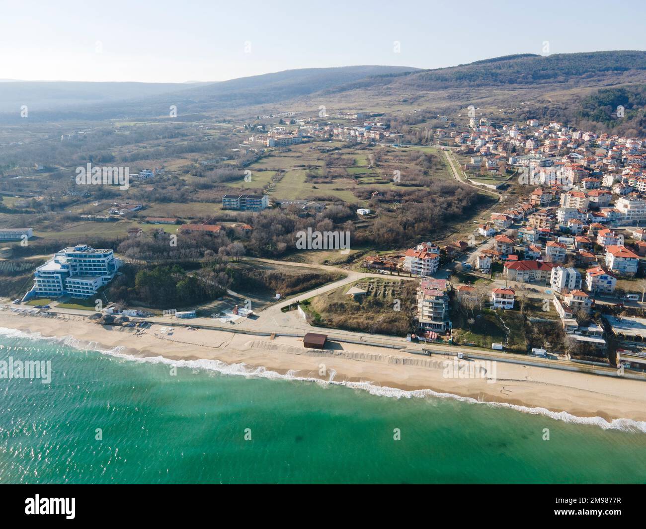 Incredibile vista aerea della città di Obzor, regione di Burgas, Bulgaria Foto Stock