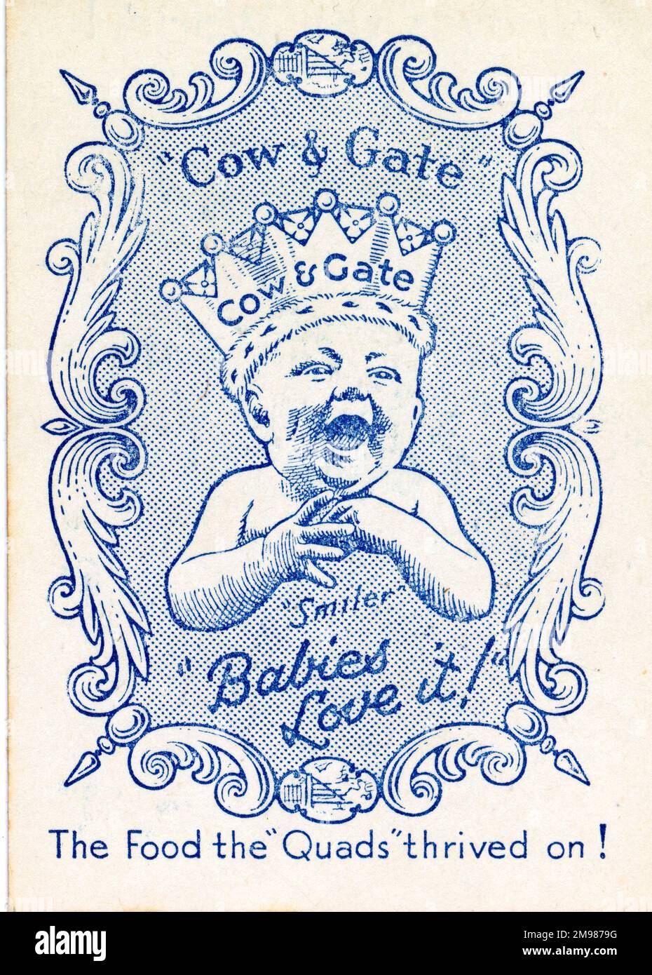 Cow & Gate Snap - retro della carta - con una menzione dei quadruplets Miles, Ernest, Michael, Paul e Ann, nati nel novembre 1935. Foto Stock