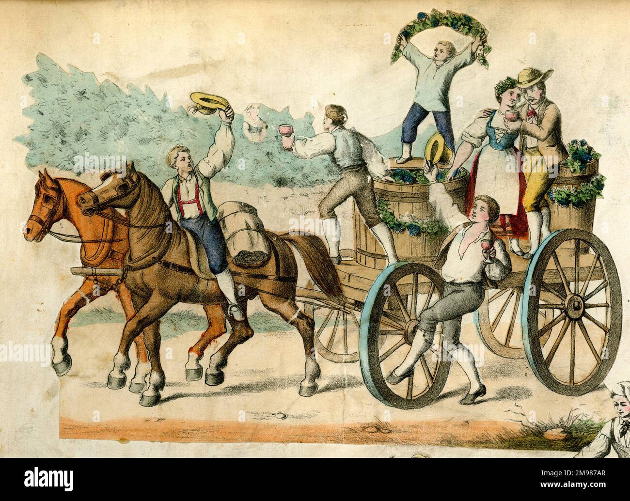 Rottami, Die Weinlese, vendemmia tedesca -- persone che festeggiano su un carro trainato da cavalli. Foto Stock
