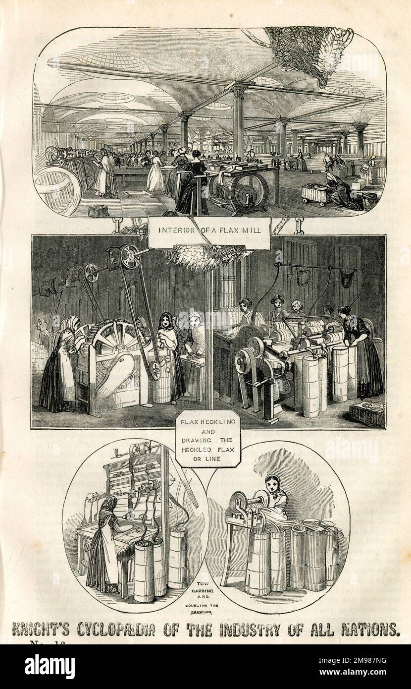 La Cyclopedia of the Industry of All Nations di Knight, che descrive in dettaglio i contenuti della Grande Mostra di Londra. Mostrando l'interno di un mulino di lino con processi vari. Foto Stock