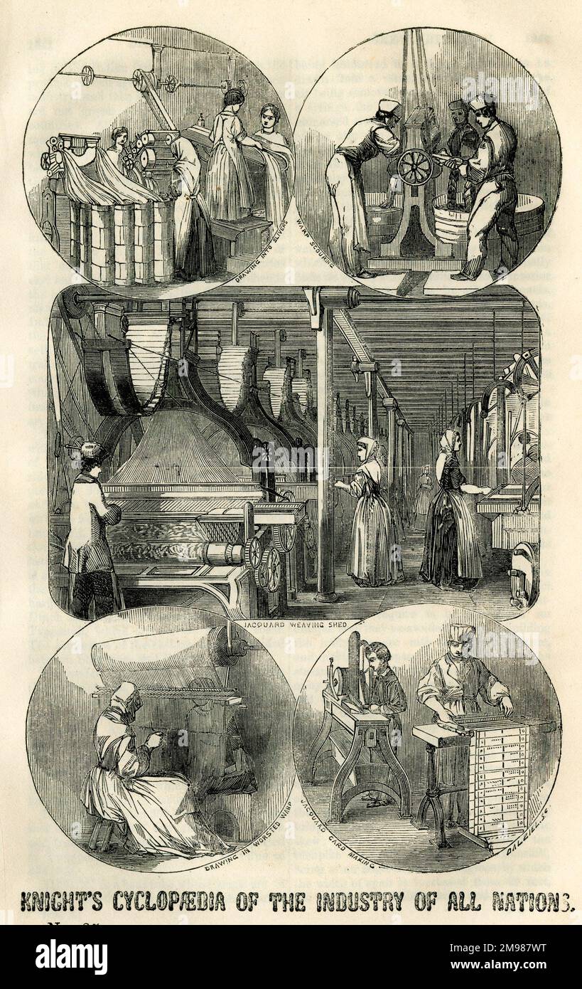 La Cyclopedia of the Industry of All Nations di Knight, che descrive in dettaglio i contenuti della Grande Mostra di Londra. Che mostra vari processi tessili e di tessitura. Foto Stock