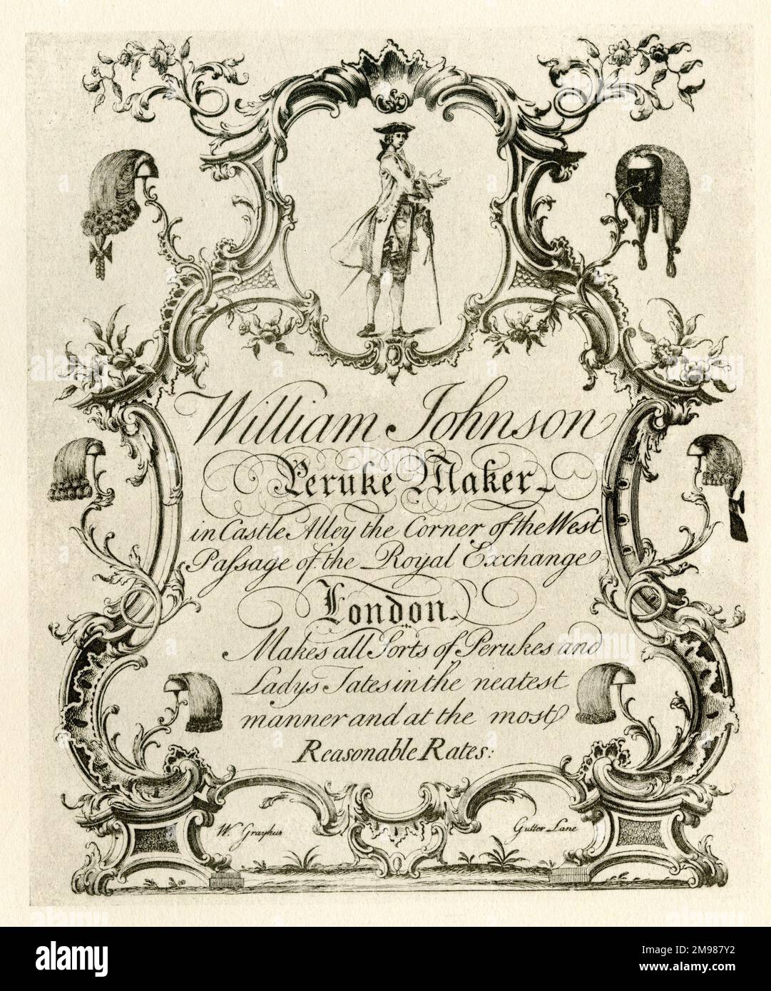 London Trade Card - William Johnson, peruke (Wig) Maker, in Castle Alley vicino Royal Exchange. Parrucche per uomini e donne. Foto Stock