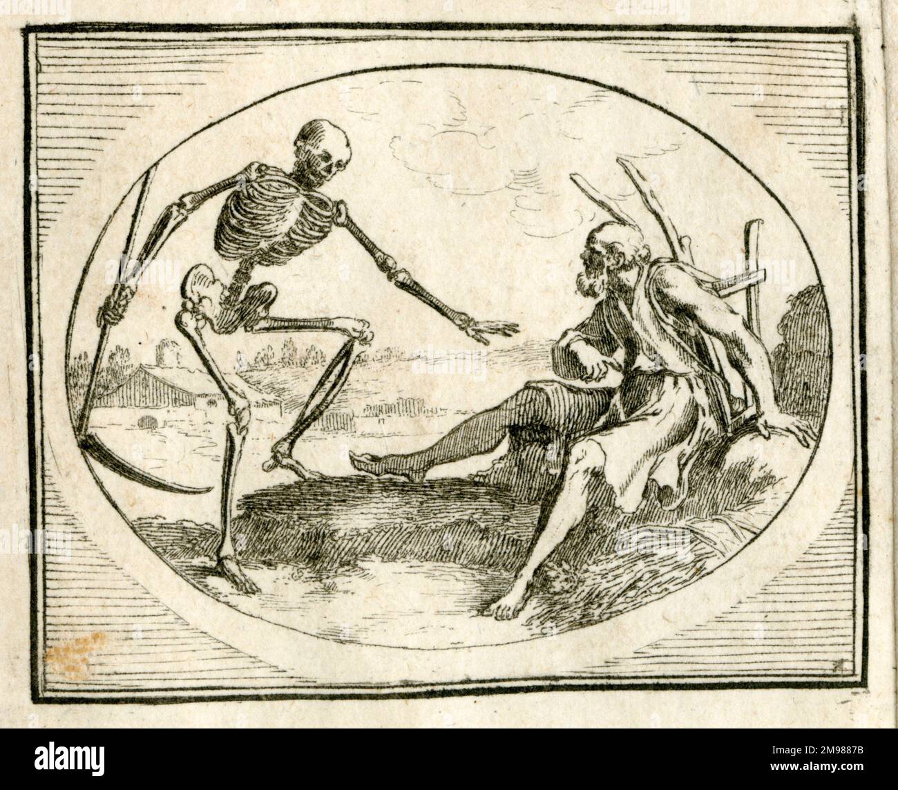 Memento mori -- un vecchio e il capriccio, a forma di scheletro che porta una falce. Foto Stock