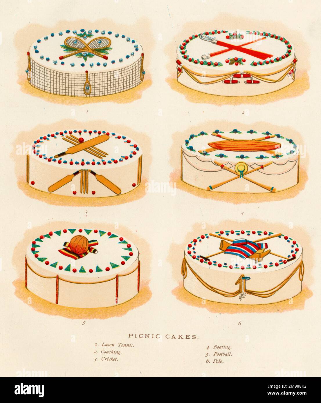 Torte picnic con decorazioni sportive -- tennis prato, allenamenti, cricket, nautica, calcio, polo. Foto Stock