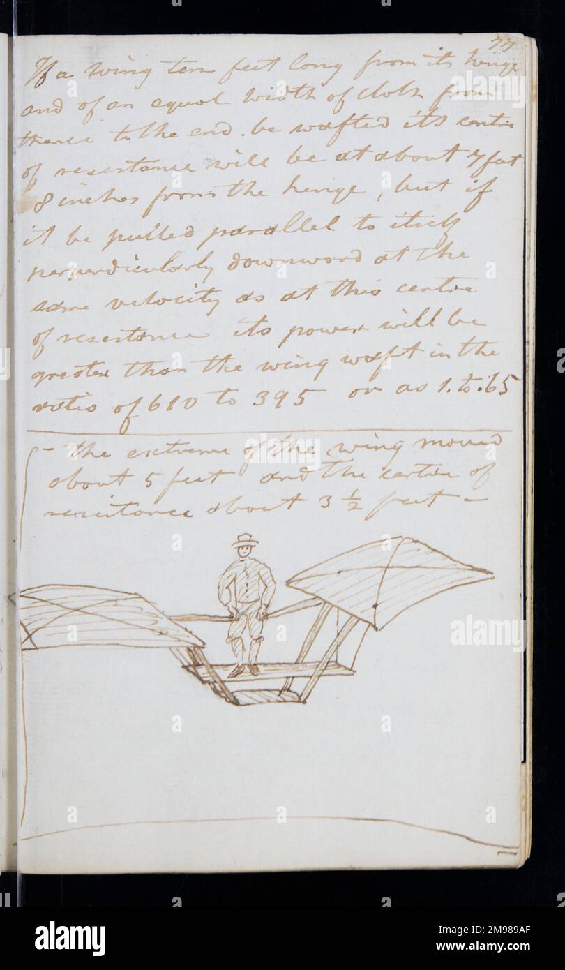 Pagina dal notebook originale di George Cayley (1773-1857) - prolifico ingegnere inglese e una delle persone più importanti nella storia dell'aeronautica. Foto Stock