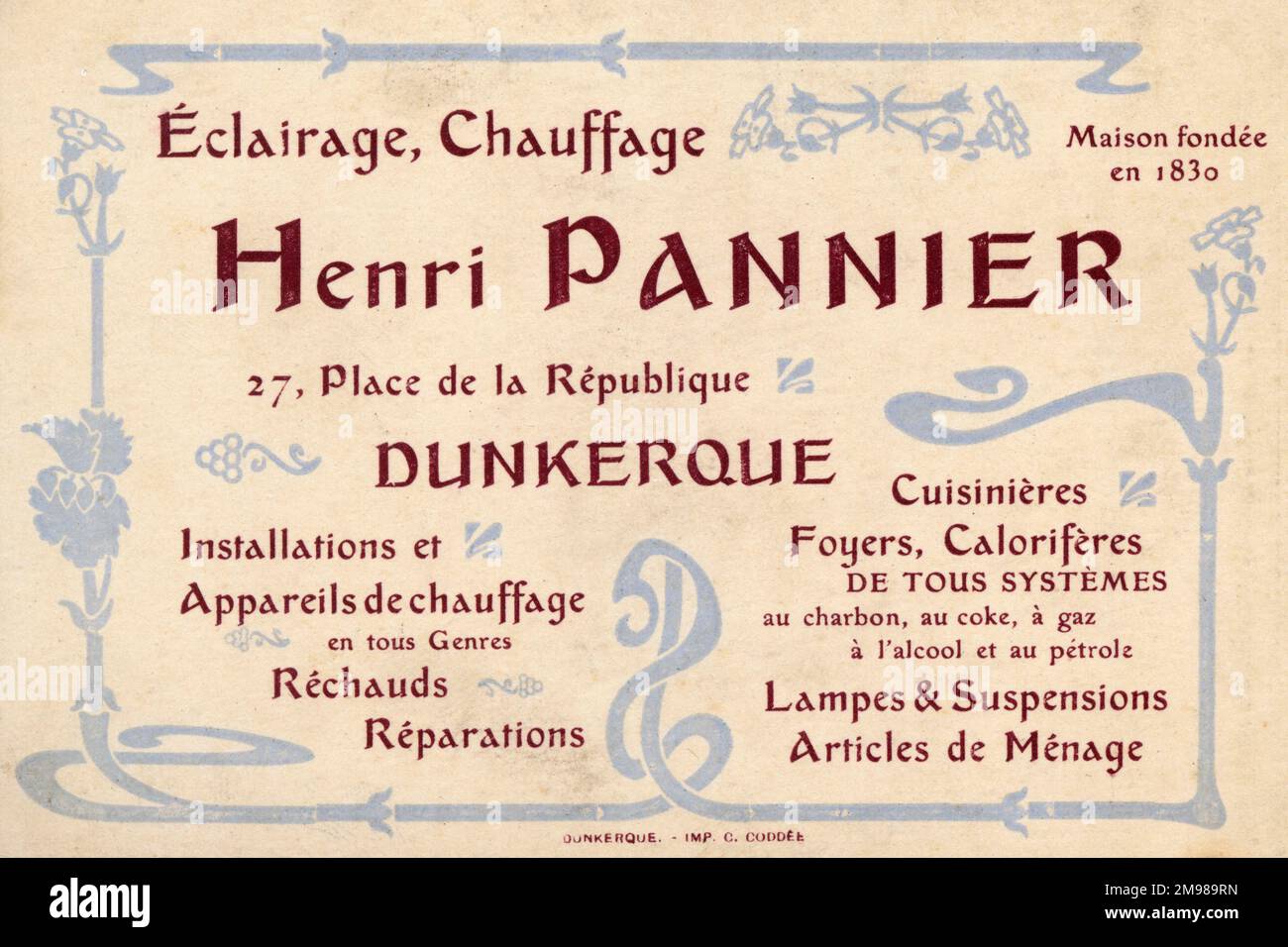 Carta pubblicitaria, Henri Pannier, Place de la Republique, Dunkirk, Francia, che offre prodotti e servizi di illuminazione e riscaldamento. Foto Stock
