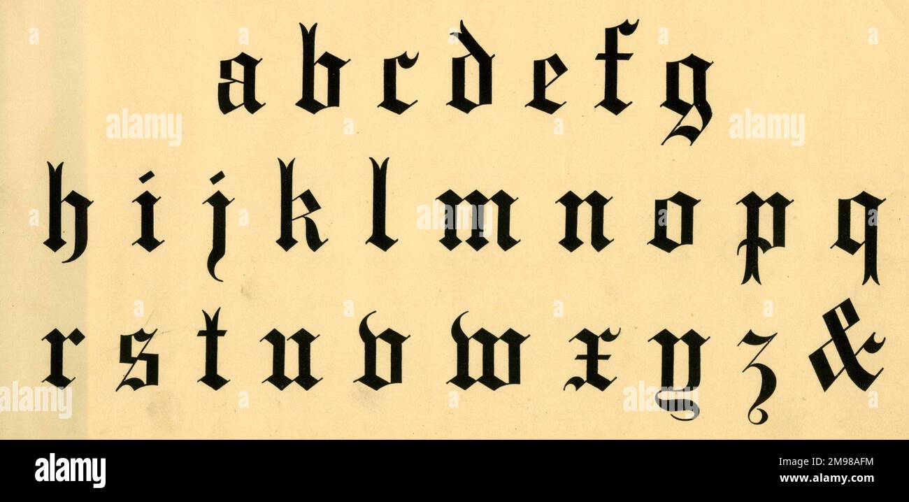 Alfabeto ornamentale del testo della chiesa, minuscolo A-Z. Foto Stock