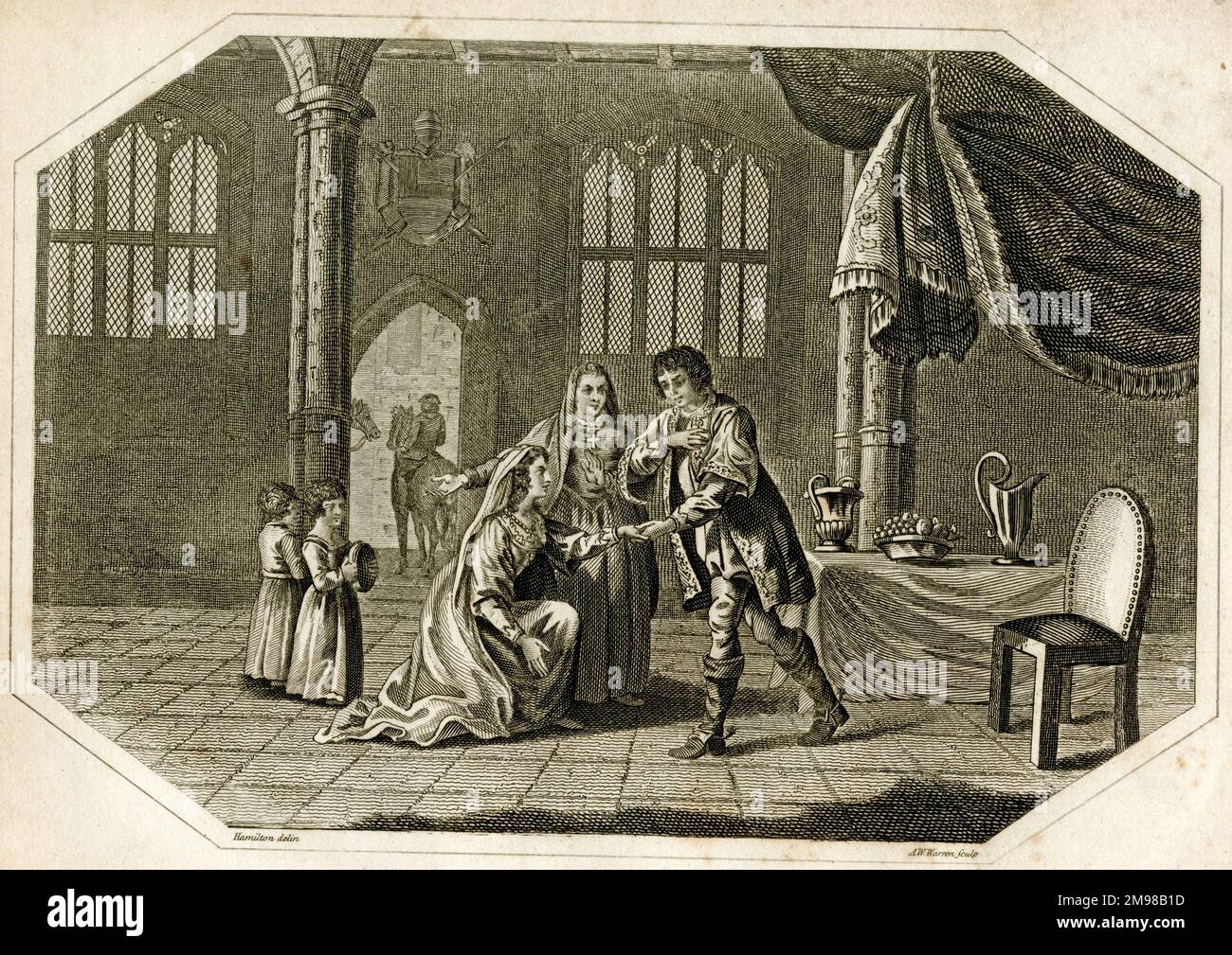 Lady Grey (Elizabeth Woodville) implorando Edoardo IV per il sostegno a se stessa e ai suoi due figli. Foto Stock