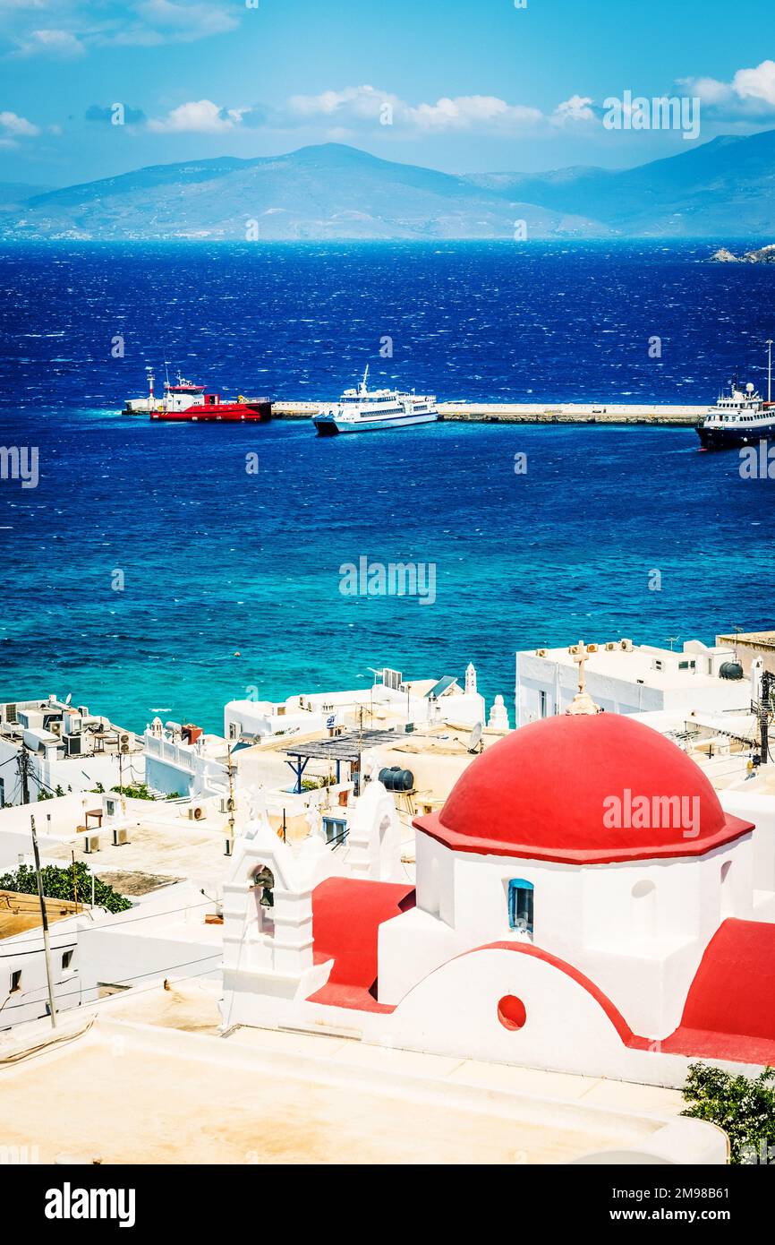 Splendida vista sul sole dell'isola di Mykonos Foto Stock