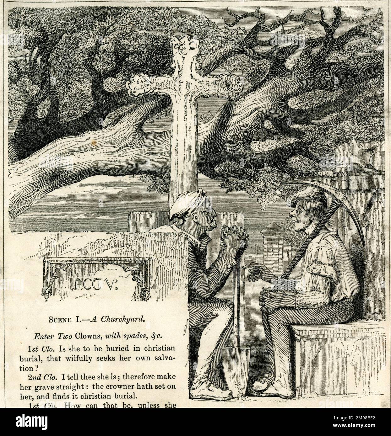 Illustrazione della scena dei Gravedigri nella commedia di Shakespeare, Amleto (atto V, scena i). Foto Stock